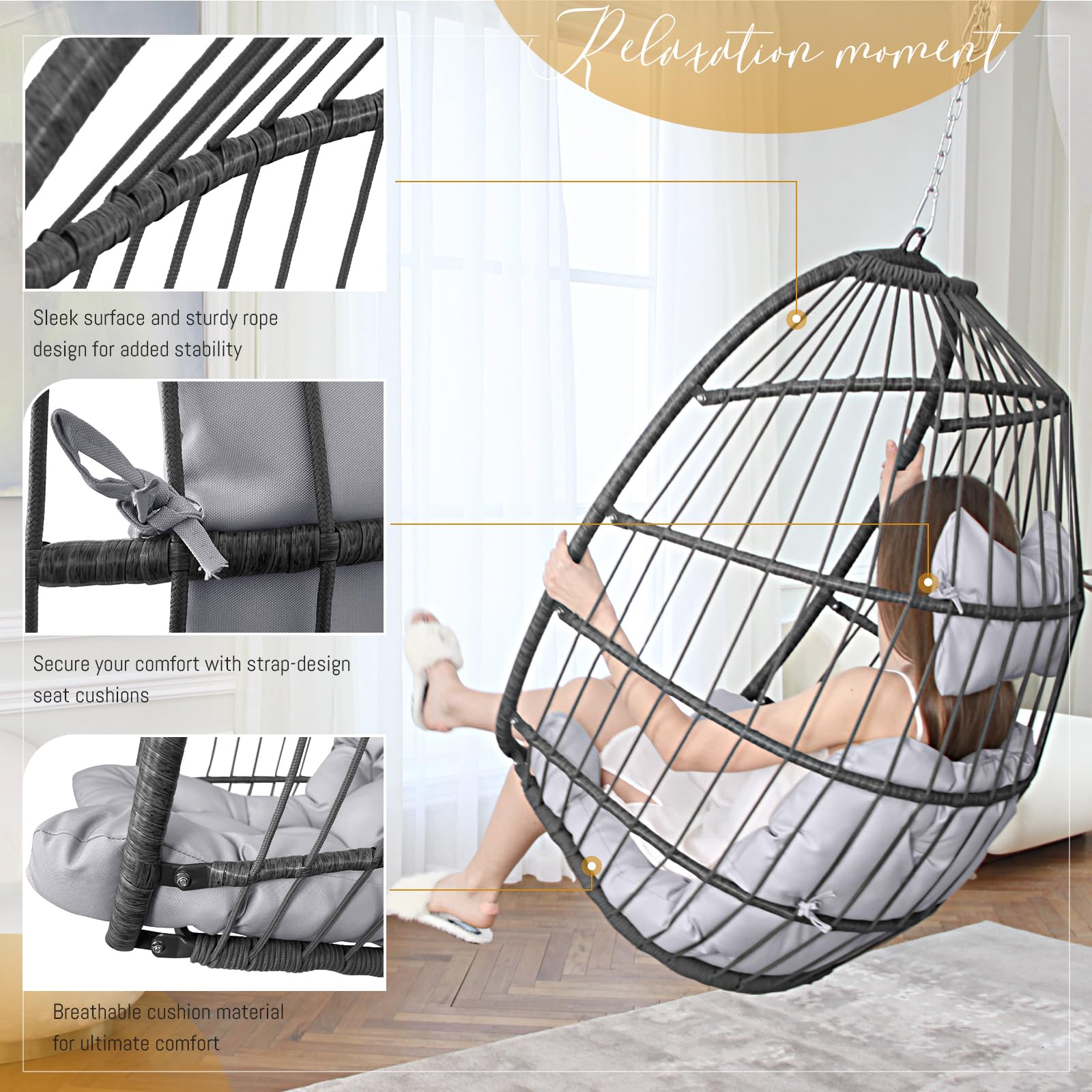 BULEXYARD 300lbs Capacity Hanging Egg Swing Chair - Foldable Grey Wicker Hammock with Light Grey Cushion for Indoor/Outdoor Use - Perfect for Patio, Porch, Balcony, Tree or Ceiling Mount - Relaxing Outdoor Lounge Chair for Backyard, Garden and Poolside