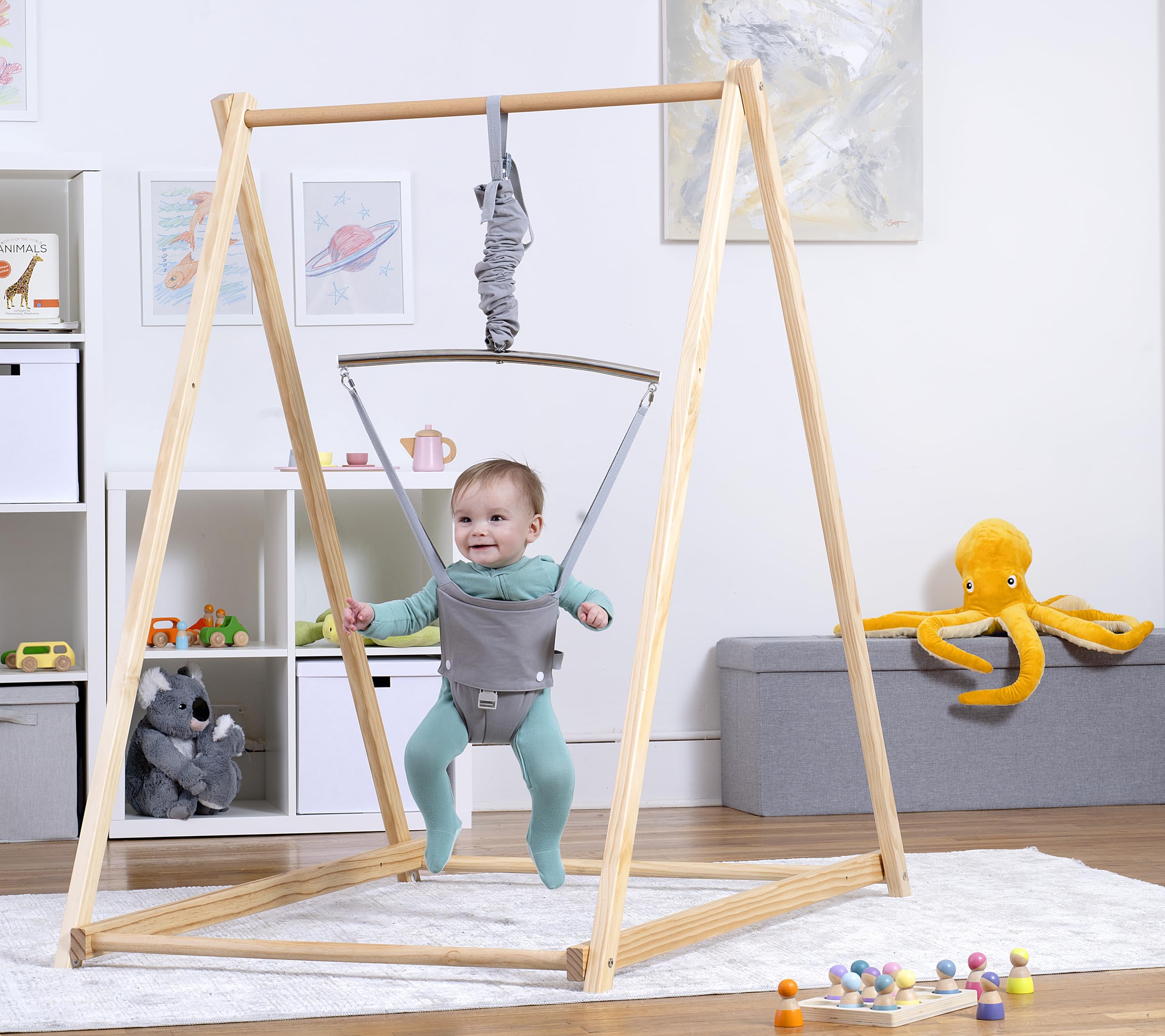 Avenlur Tulip Baby Bouncer - Foldable Infant Jumper with Stand | Self-Standing Baby Bouncer & Swing Set for 6 Months to 3 Years Old | Gray Bouncer Seat for Playtime, Naptime & Indoor Activities