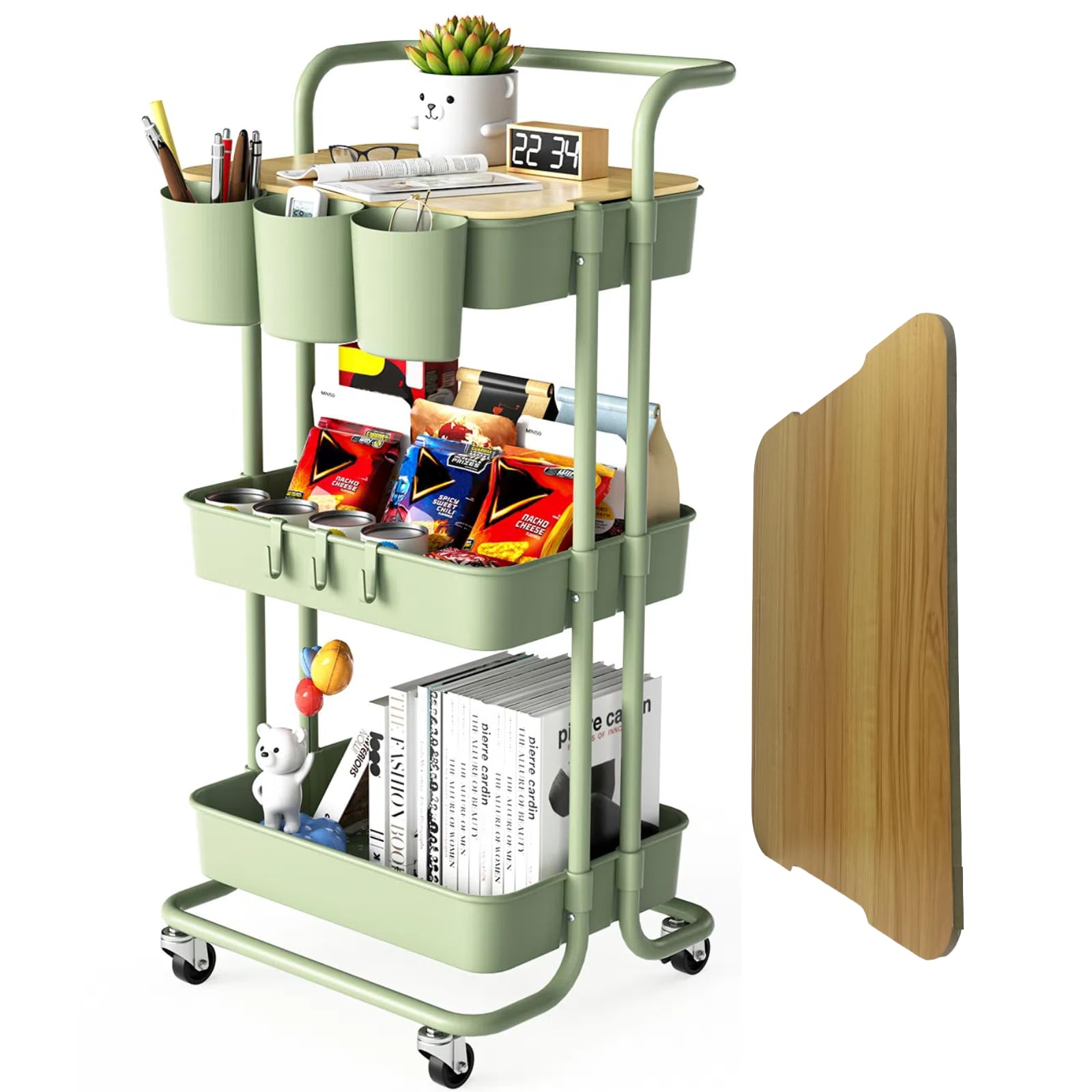 3 Tier Rolling Utility Cart with Lockable Wheels - Metal Handle, Table Top, Hanging Cups & Hooks - Plastic Storage Baskets for Bathroom, Classroom, Office, Kitchen & Pantry Organization - Perfect for Small Space Storage & Mobile Workstations (Green)