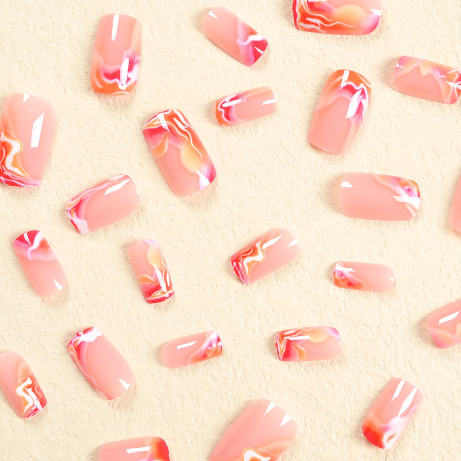 IMSOHOT Square Press-On Orange Red Ombre Fake Nails with Glossy Designs - Full Cover Acrylic False Nails for Women & Girls - Perfect for Summer, Parties, Weddings & Special Occasions