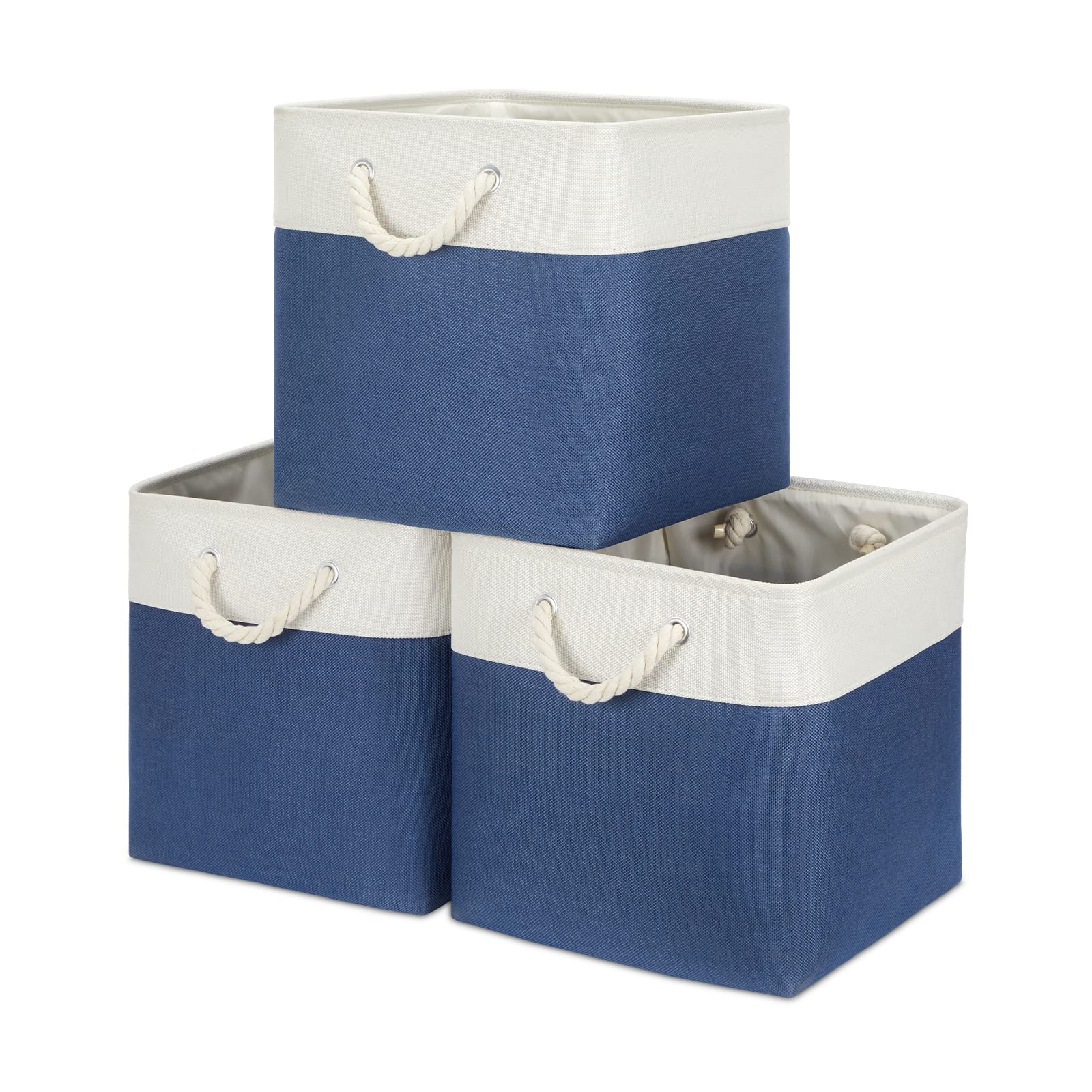 Bidtakay 3-Pack Navy Blue Fabric Storage Baskets - 13x13 Inch Square Cube Organizer Bins for Shelves, Cabinets, Closet, Bathroom & Nursery - Perfect for Home Organization, Dog Toys & More