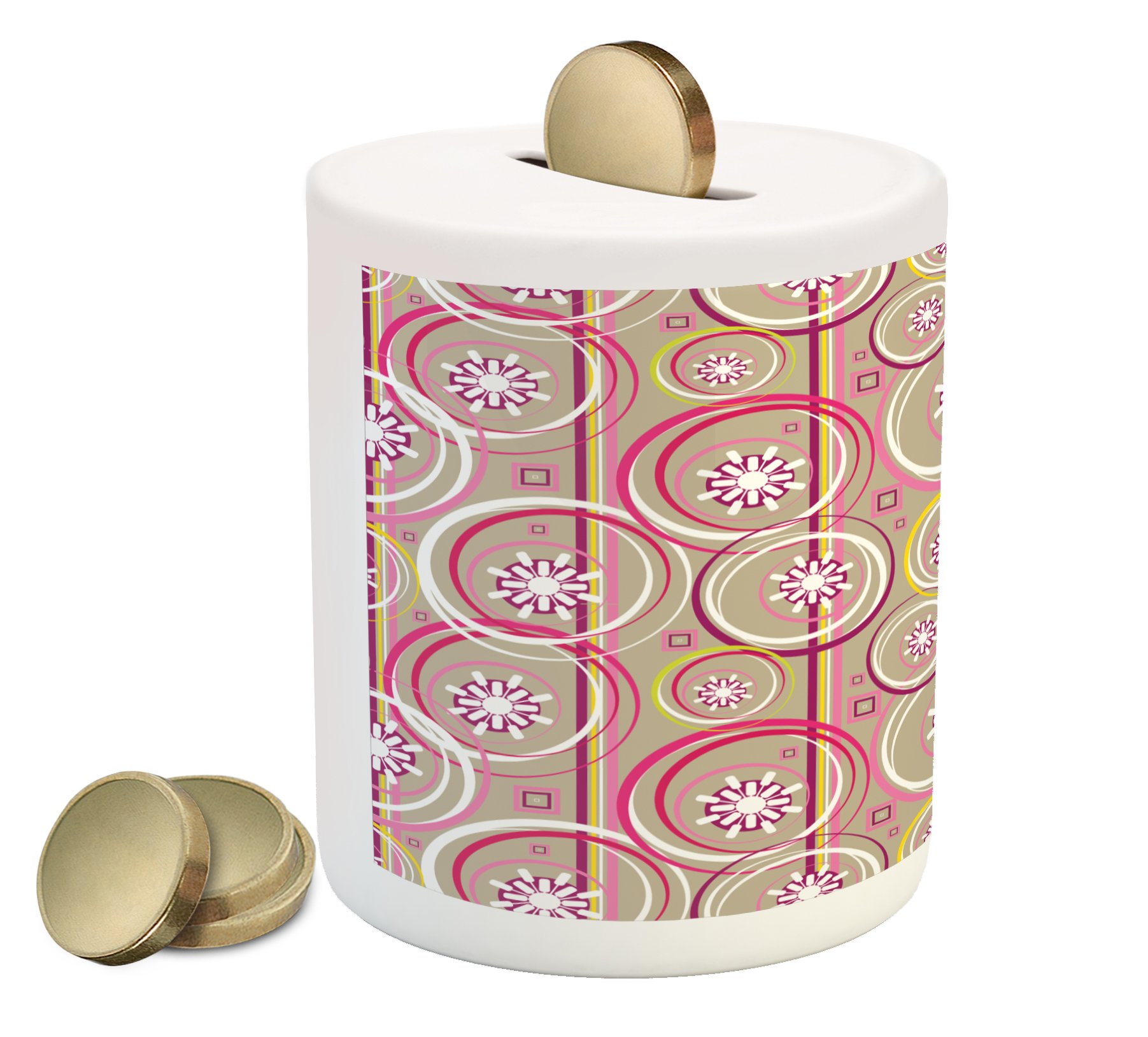 Ambesonne Ceramic Piggy Bank - Floral Retro Abstract Design with Sketchy Circles & Swirls, Modern Money Box for Cash Saving (Tan, Purple, Hot Pink) - Perfect for Home Decor, Kids' Savings & Gift Ideas