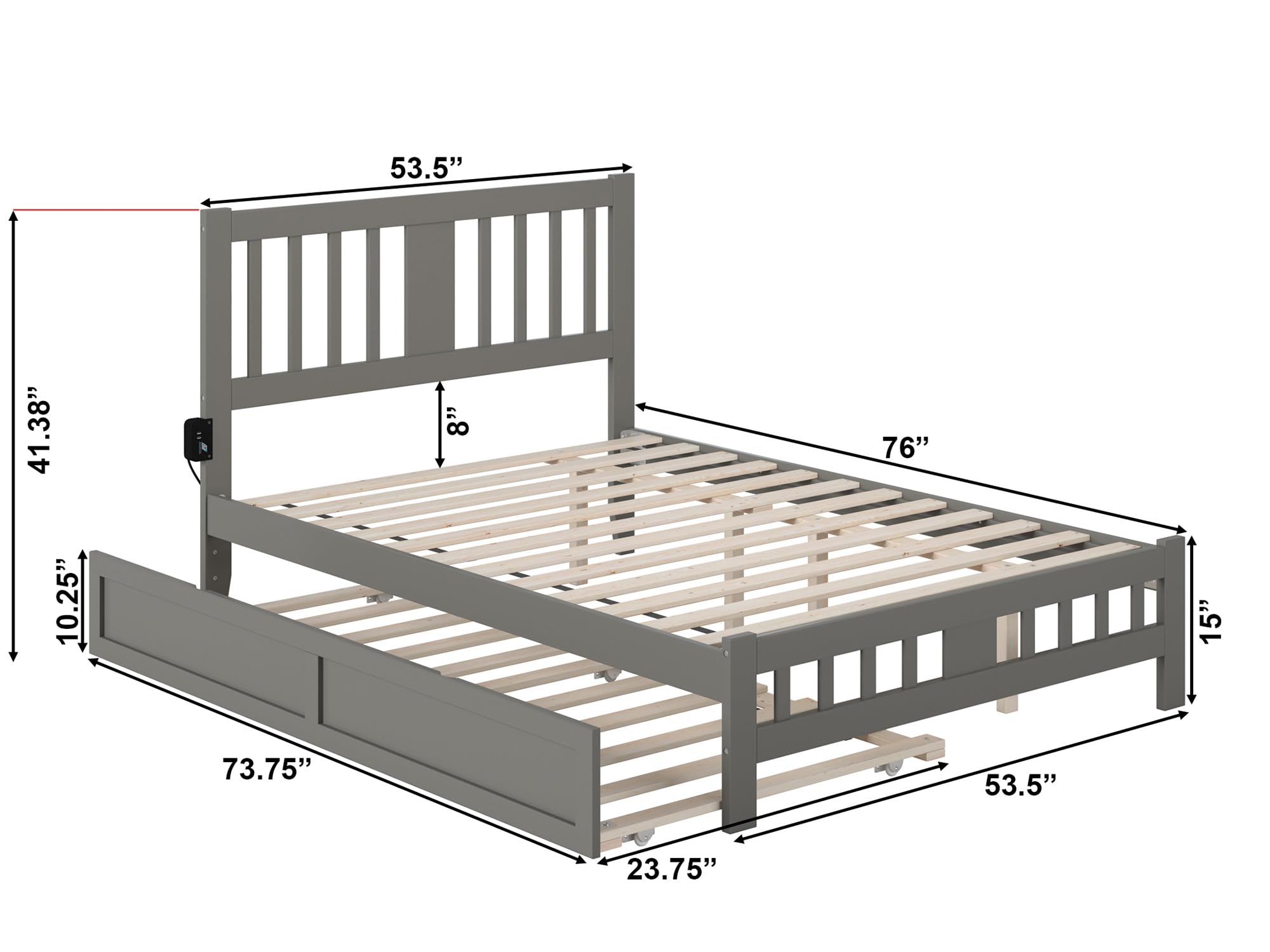 AFI Tahoe Full Size Platform Bed with Footboard & Twin Trundle in Grey - Modern Wooden Bed Frame for Guest Room, Kids Room or Small Space - Perfect for Sleepovers and Space Saving Solutions