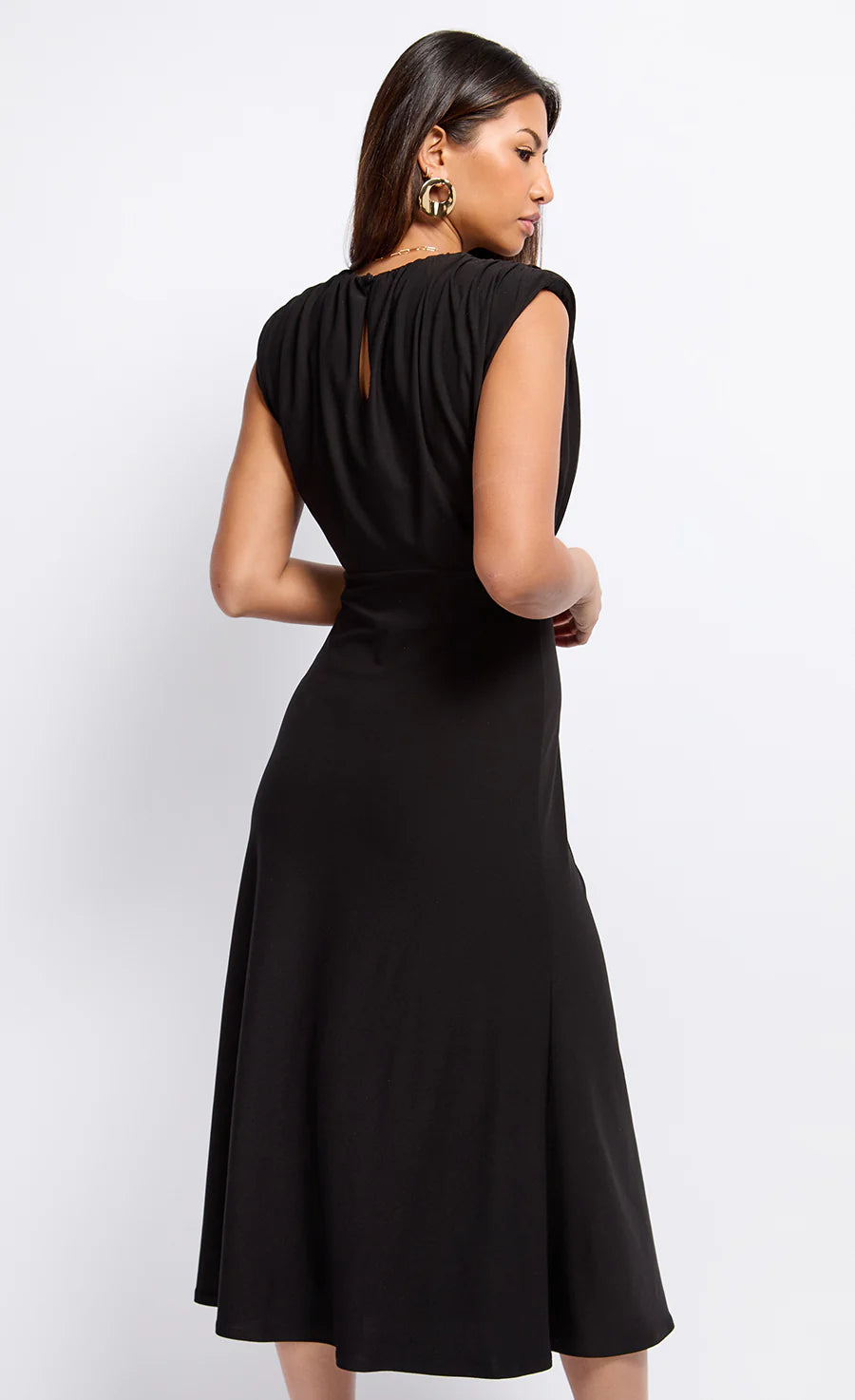 Maria Gathered Detail Dress for Women - Elegant Black Flowy Midi Dress with Ruffles | Perfect for Date Night, Wedding Guest, Cocktail Party & Special Occasions