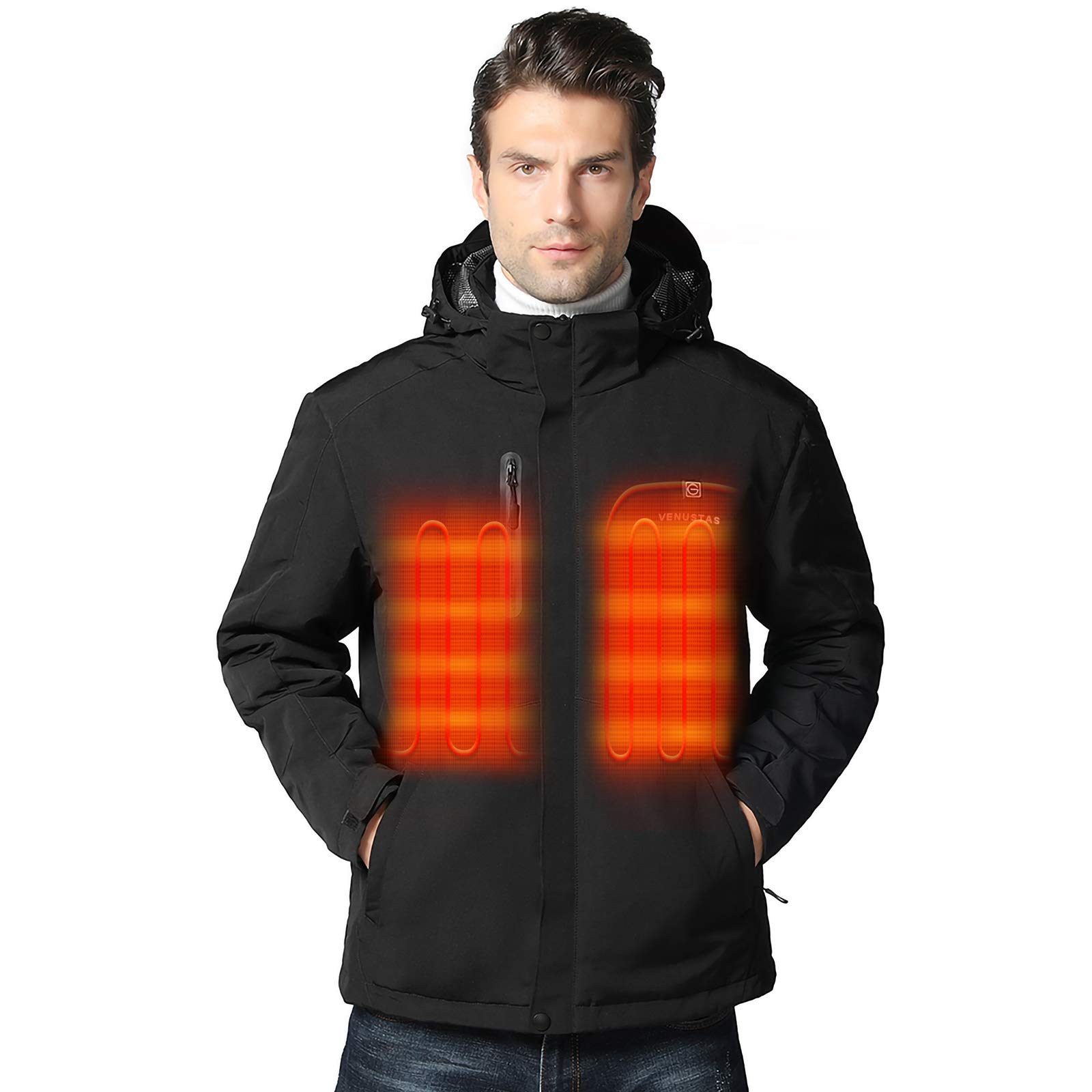 Venustas Men's Heated Jacket with Rechargeable Battery Pack - 5V Electric Heated Coat, Detachable Hood & Windproof Winter Jacket for Outdoor Activities, Hiking, Camping & Cold Weather