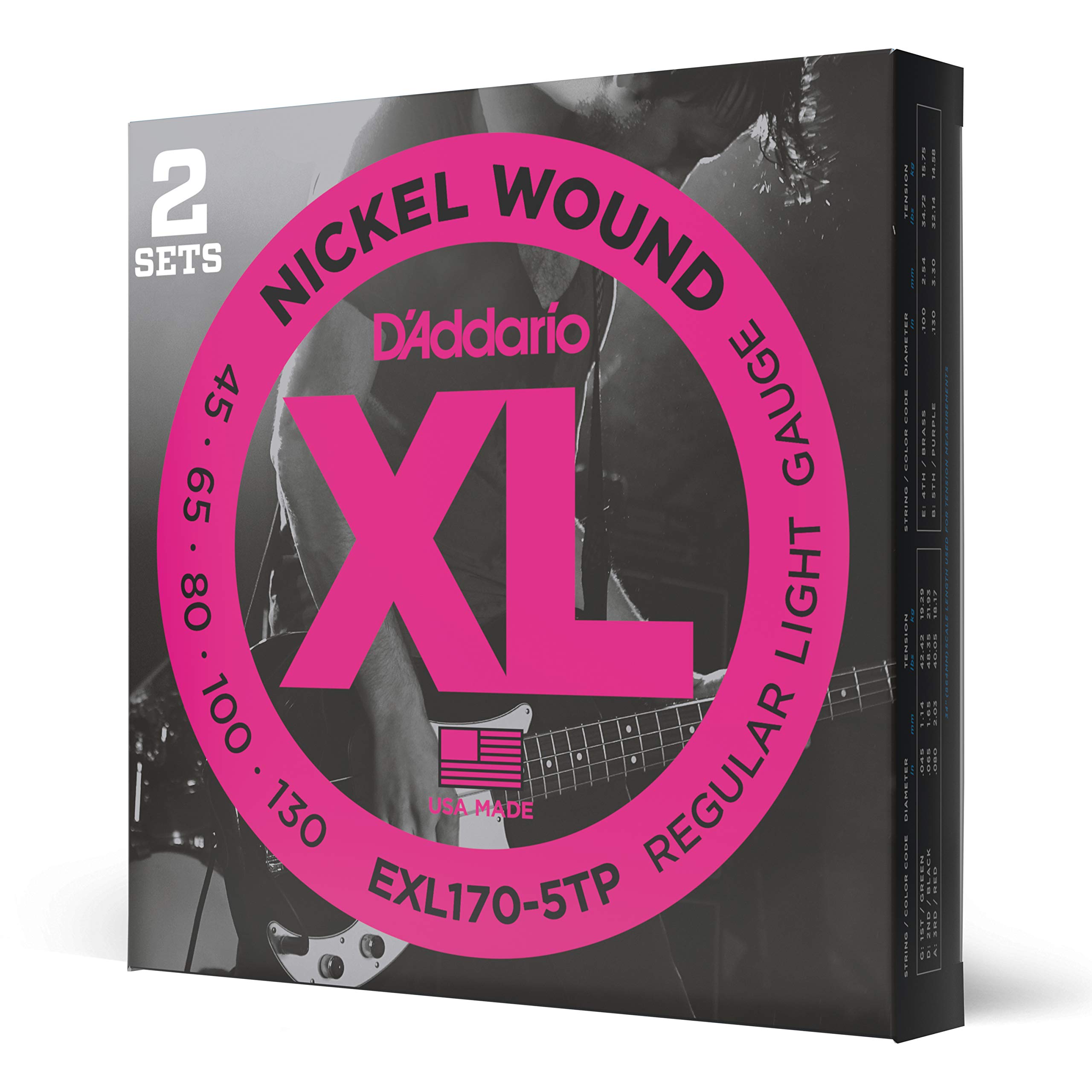 D'Addario EXL170-5TP XL Nickel Bass Guitar Strings - 5 String Bass Strings 45-130 Regular Light, Long Scale (2-Pack) - Superior Intonation, Consistent Feel & Durability - Perfect for Rock, Jazz & Studio Recording