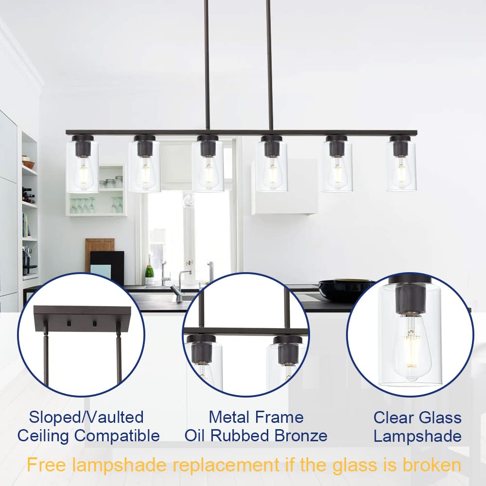 6-Light Farmhouse Pendant Lighting Fixture - Clear Glass Kitchen Island Chandelier in Oil Rubbed Bronze for Dining Room, Cafe & Bar | Perfect for Modern Farmhouse, Industrial & Rustic Home Decor