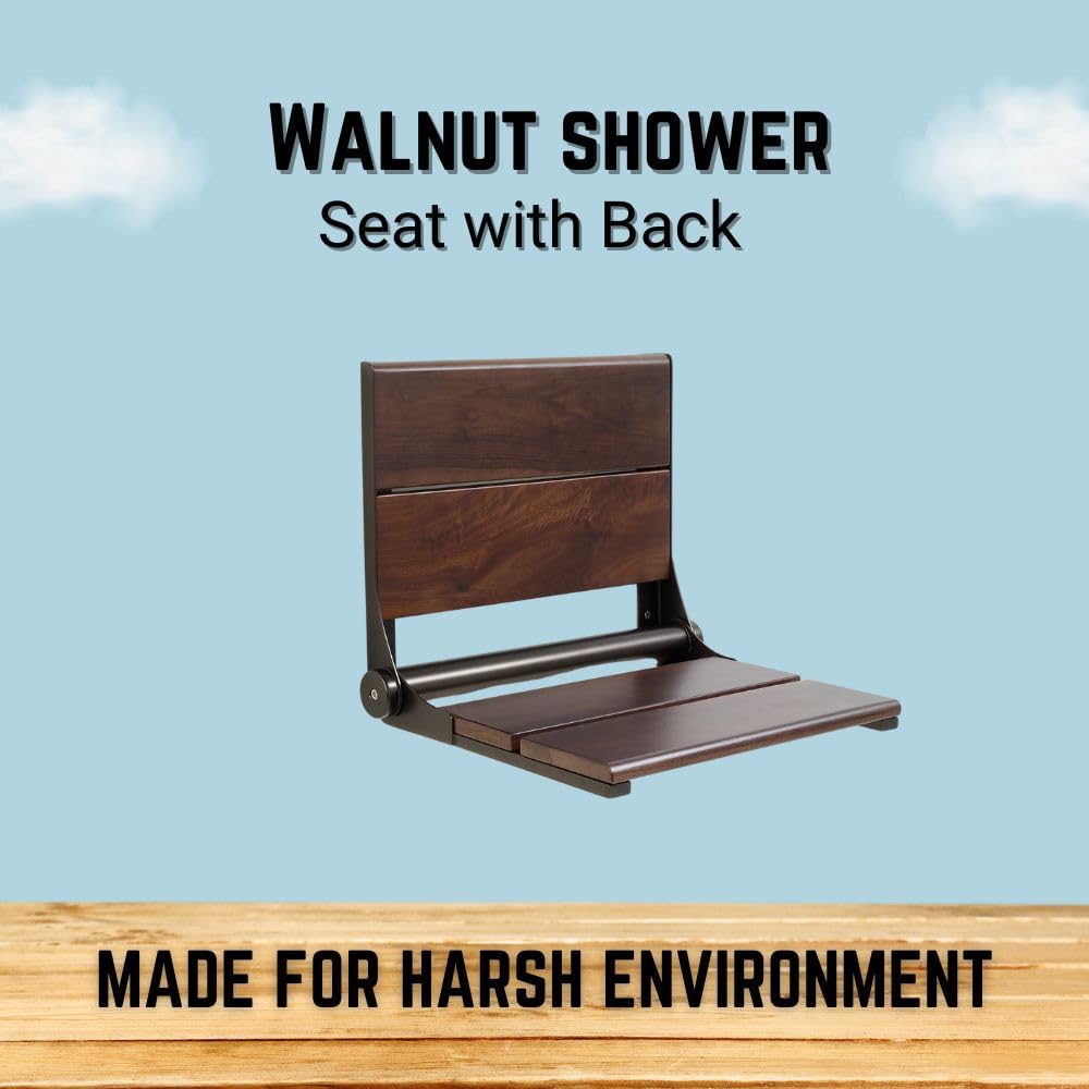 Folding Shower Seat with Back - ADA Compliant Wall Mount Bathroom Bench for Seniors & Disabled, 500 lb Weight Capacity, Walnut Finish, 304 Stainless Steel, Oil Rubbed Bronze, 26x16 Inches - Perfect for Elderly Safety, Accessible Bathing & Spa Relaxation