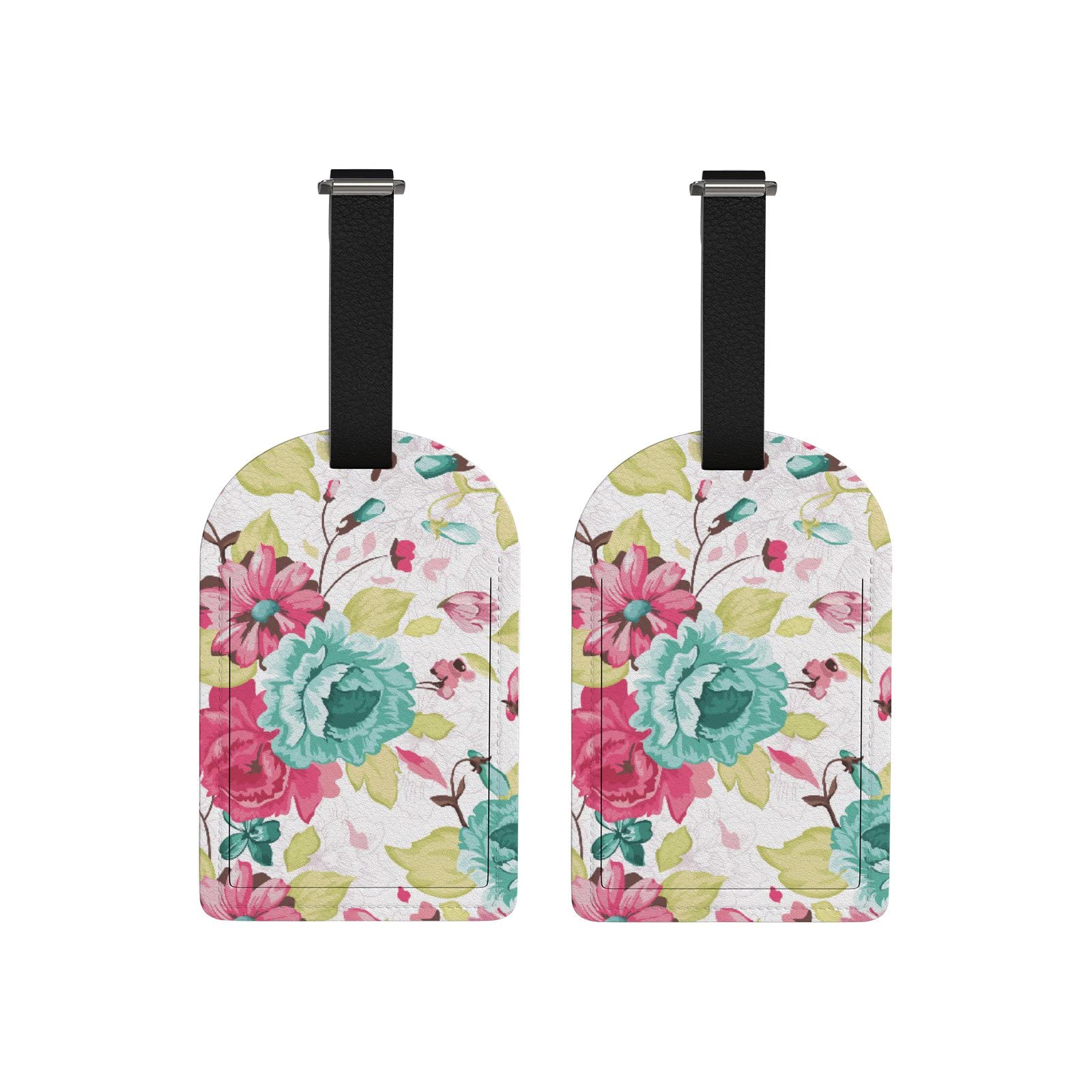 Elegant Floral Leather Luggage Tags with Privacy ID Card - 2 Pack for Suitcases, Travel Bags & Backpacks | Perfect for Air Travel, Vacation & Business Trips