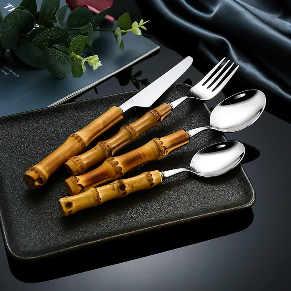 90-Piece Bamboo Handle Stainless Steel Cutlery Set - 18/8 Dishwasher Safe Flatware for 18 People | Eco-Friendly Kitchen Utensils for Dinner Parties, Weddings & Everyday Use