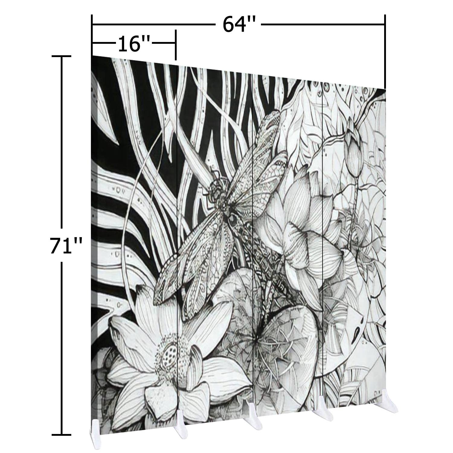 Elegant Wooden Room Divider with Lotus & Dragonfly Design - 4-Panel Folding Privacy Screen, Dual-Sided Canvas Partition for Home Decor, Office, Bedroom & Living Room Spaces