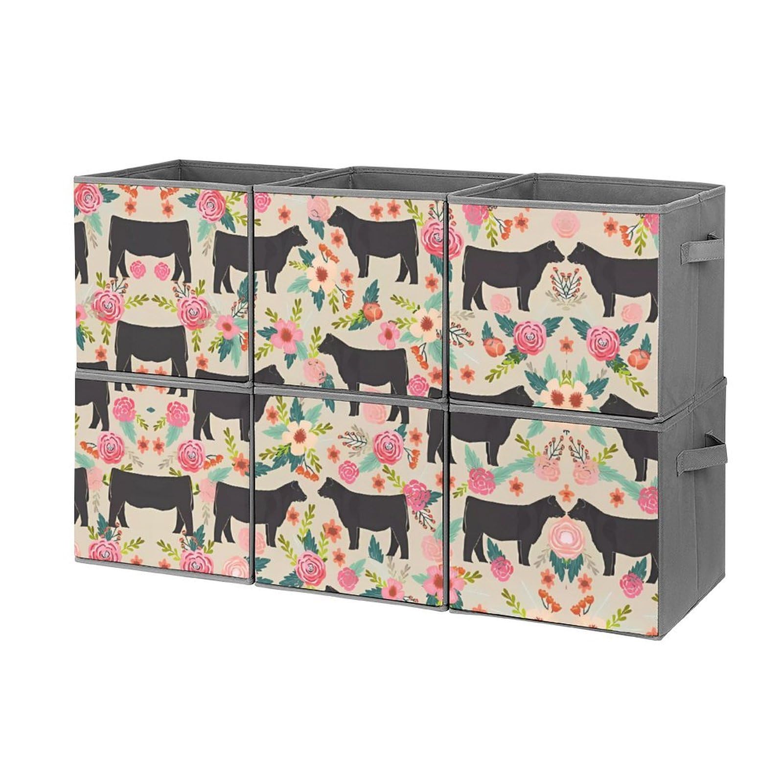 Pink Flower Print Collapsible Storage Bins - 6-Piece Set with Handles for Closet, Clothing & Home Organization | Foldable Storage Baskets for Bedroom, Nursery & Laundry Room