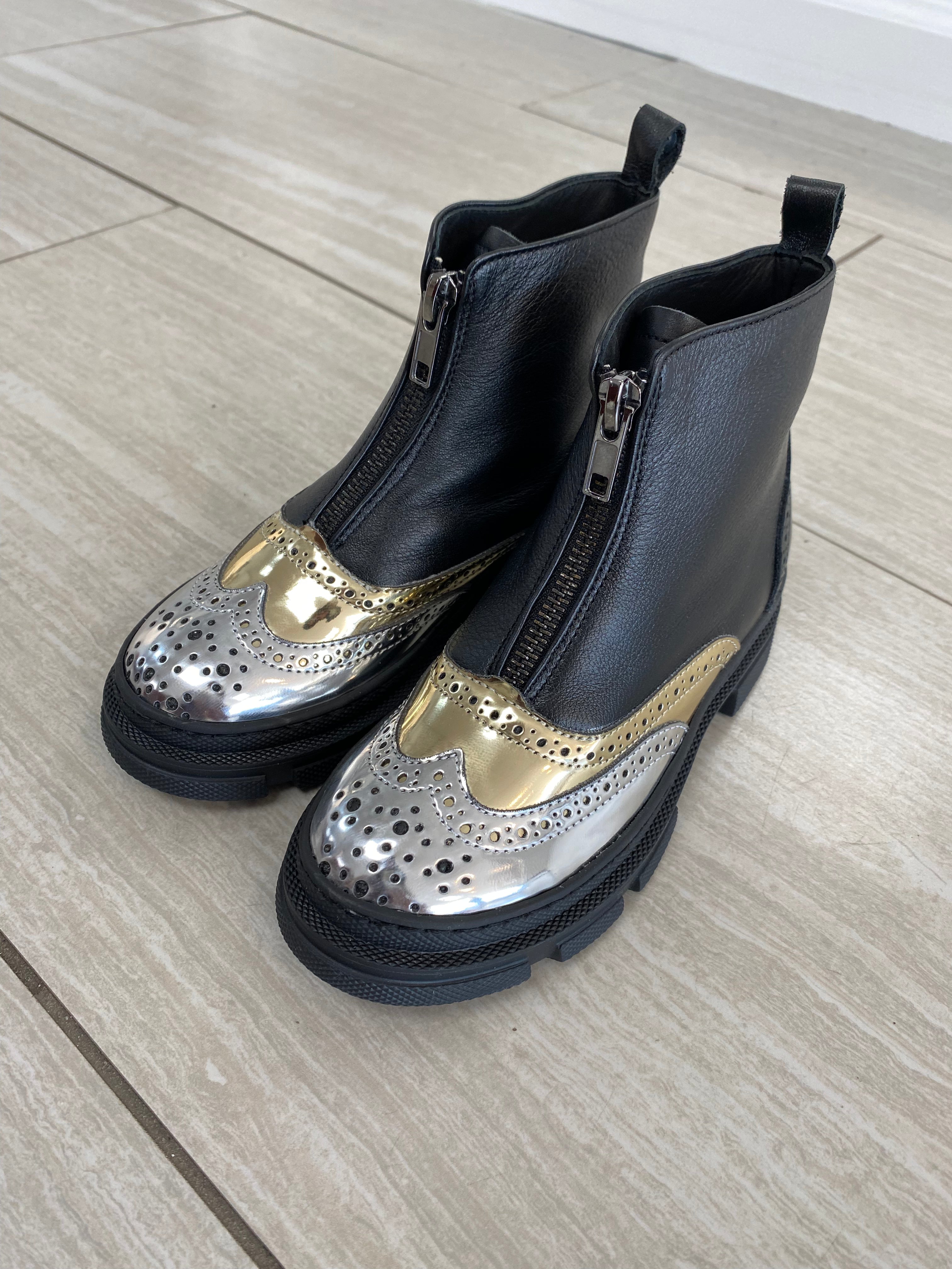 Stylish Manuela Black & Metallic Wingtip Zipper Boots for Women - Fashionable Dress Shoes for Office, Party & Evening Events