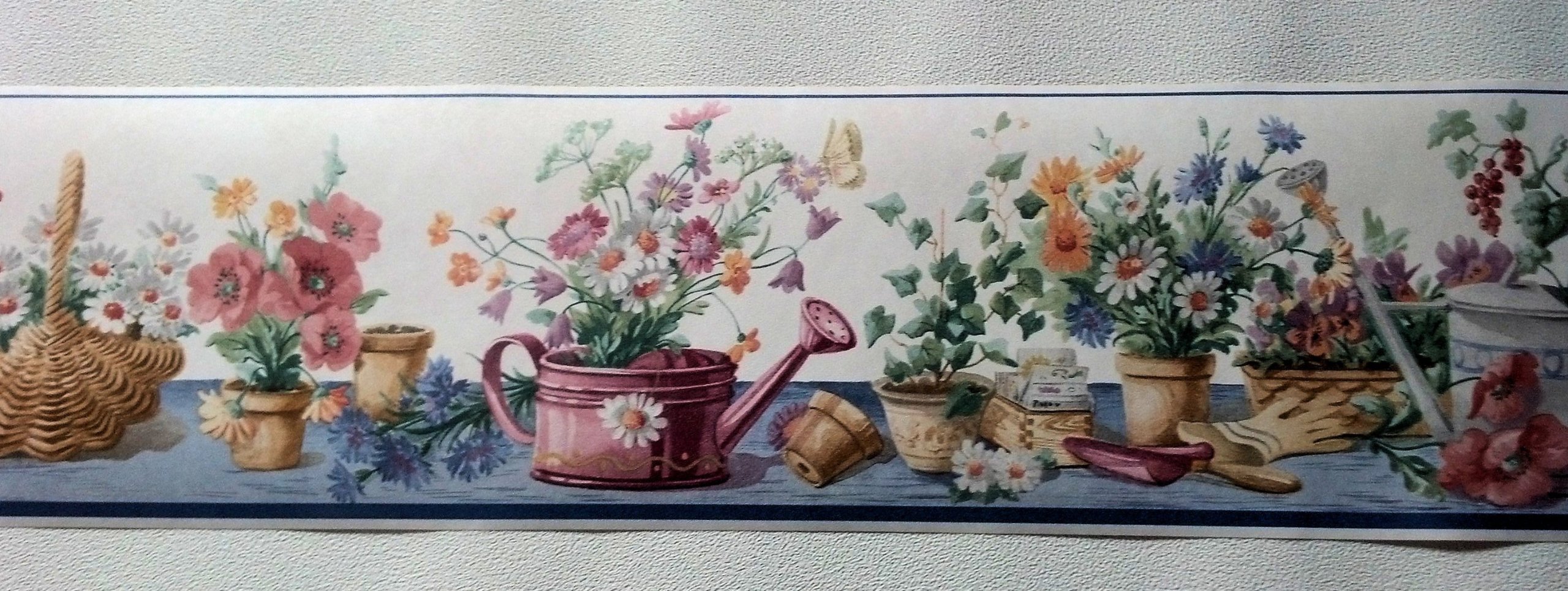 Blue Gardening Flowers Watering Can Wallpaper Border - Decorative Floral Wall Decor for Home, Bedroom, Nursery & Living Room