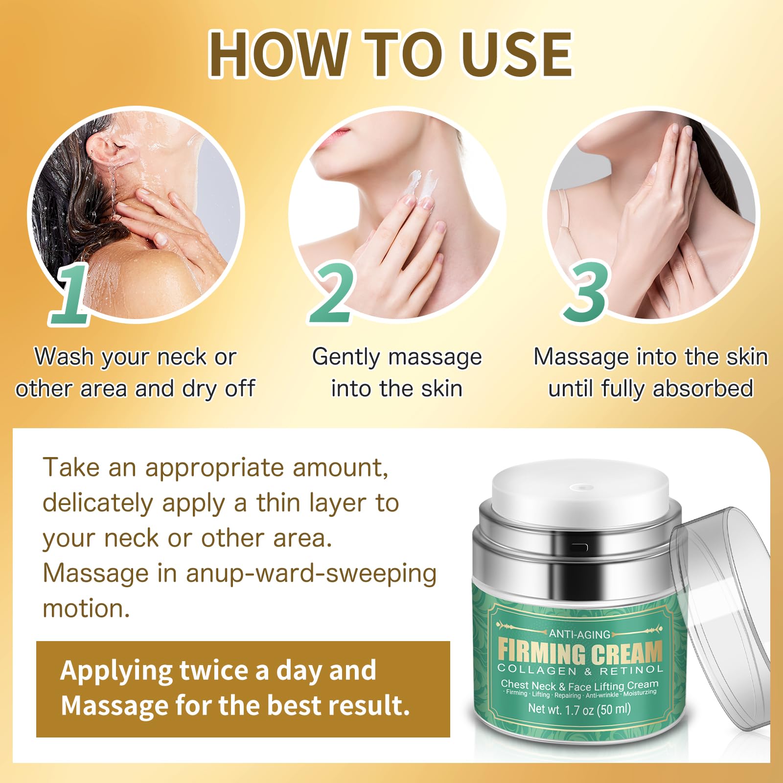 Anti Aging Firming Neck Cream - Retinol Collagen Cream for Wrinkles, Face & Chest Moisturizer | Skin Tightening & Hydrating Treatment for Men & Women (1.7 oz) | Perfect for Night Routine & Daily Skin Care