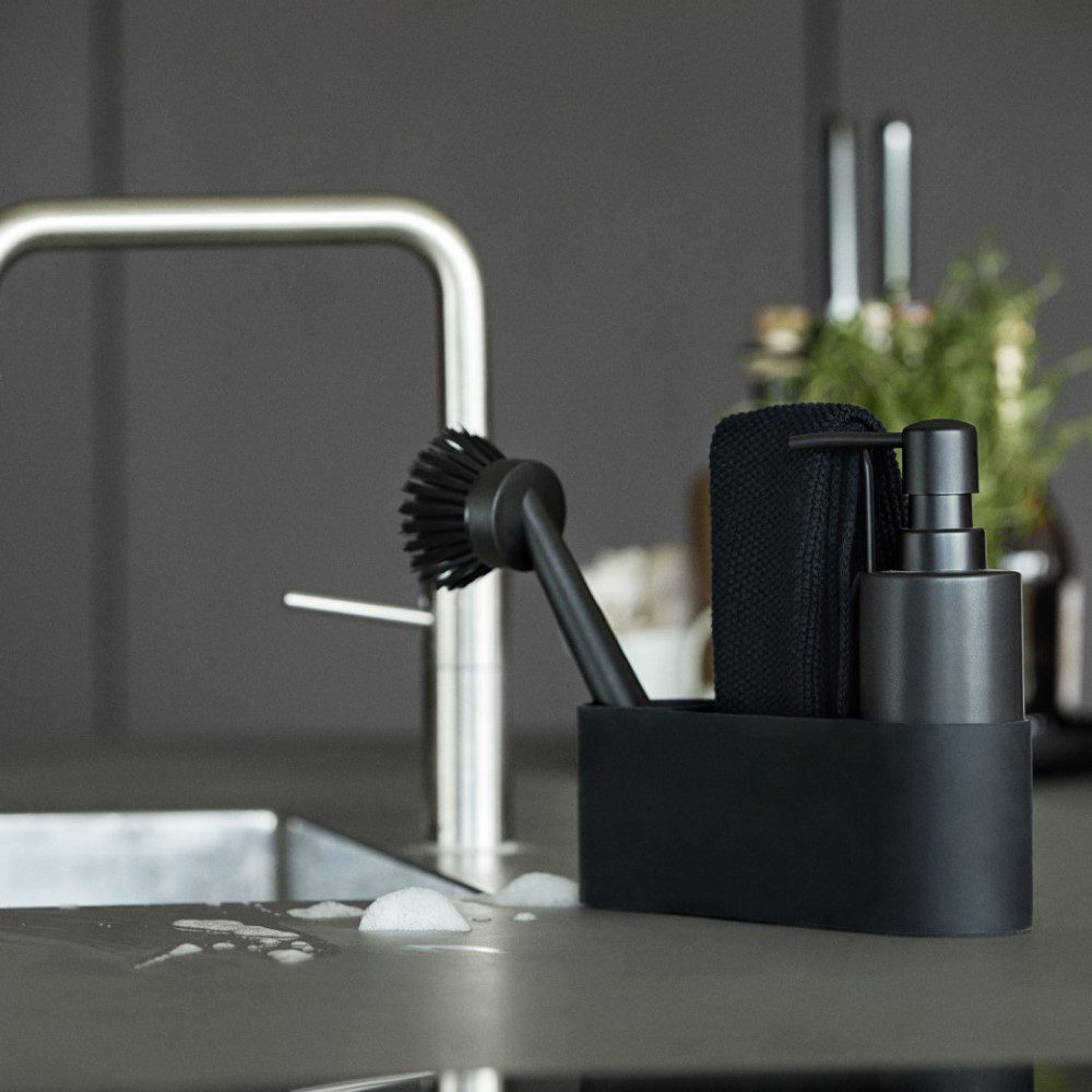 Premium ZONE DENMARK Dishwashing Set with Round Soap Dispenser - Black | Complete Kitchen Cleaning Kit for Sink, Countertop & Dish Rack Organization