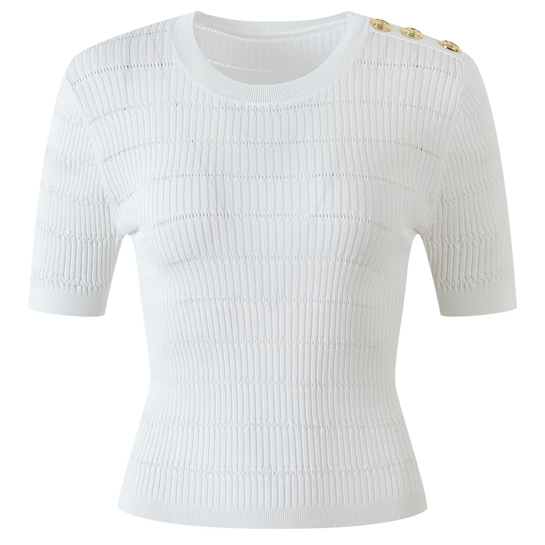 Women's 2022 Summer Casual O-Neck Short Sleeve Knitted Sweater - Soft Cotton Blend Pullover Top in White, Black & White Stripe | Perfect for Office Wear, Date Night & Weekend Outfits