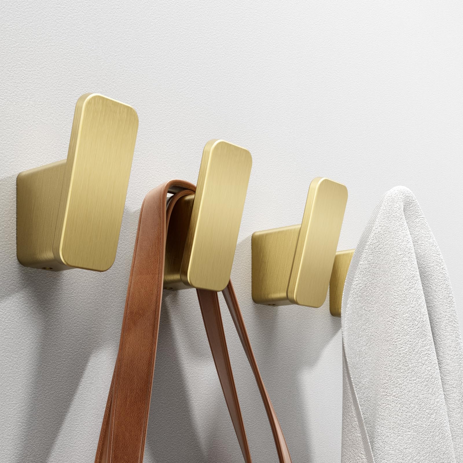 4-Pack Brushed Gold Towel Hooks - Heavy Duty Wall Mounted Hangers for Bathroom, Bedroom, Mudroom & Outdoor Use - No Drill Adhesive or Screw Installation - Perfect for Towels, Robes, Bags, Hats & Coats