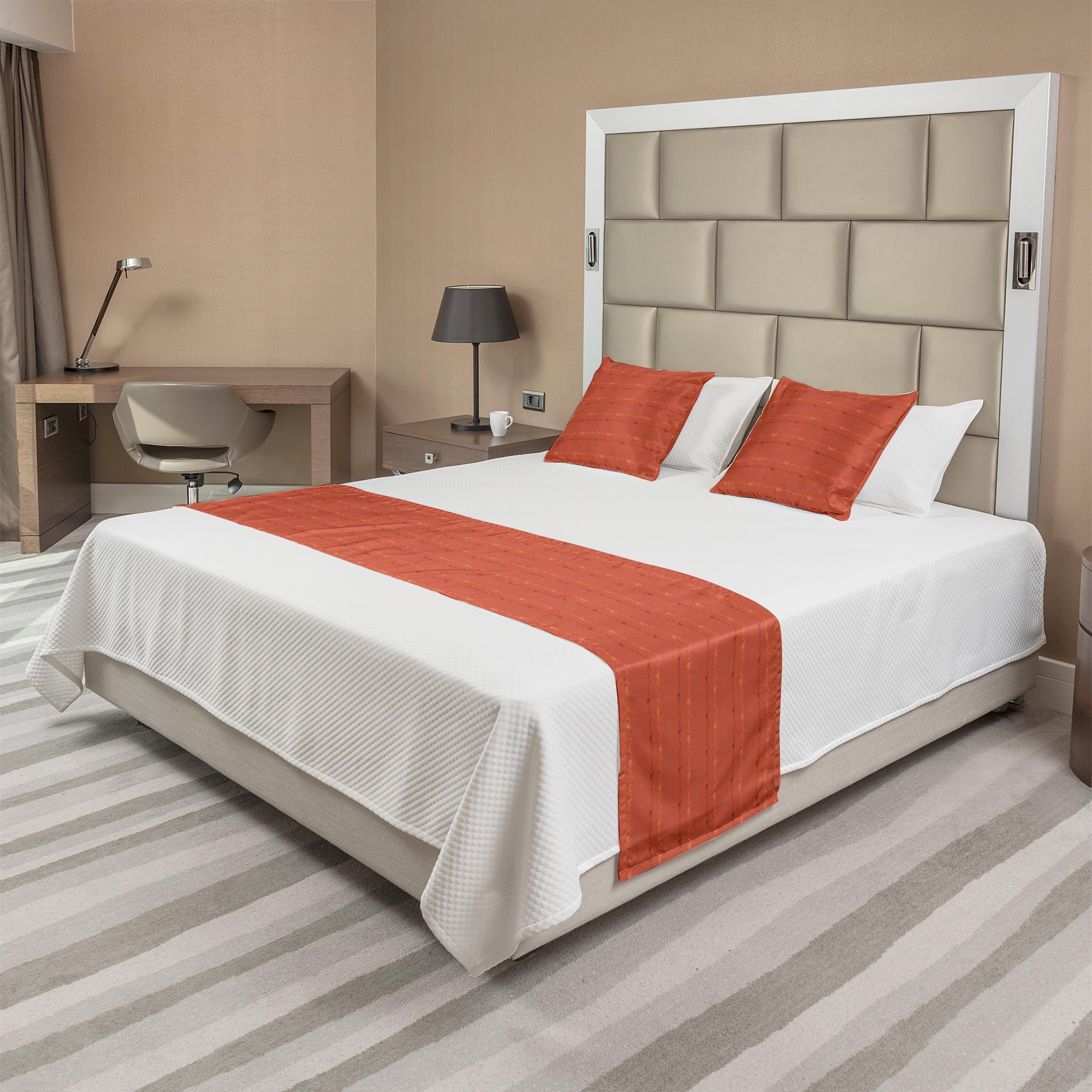 Ambesonne Saying Bed Runner Set with Dark Coral Backdrop - 'Hope Love Happy' Lettering Decorative Bed Scarf & 2 Pillow Shams | Queen Size Dark Brown & Coral | Perfect for Hotel Beds, Home Decor & Wedding Guest Rooms
