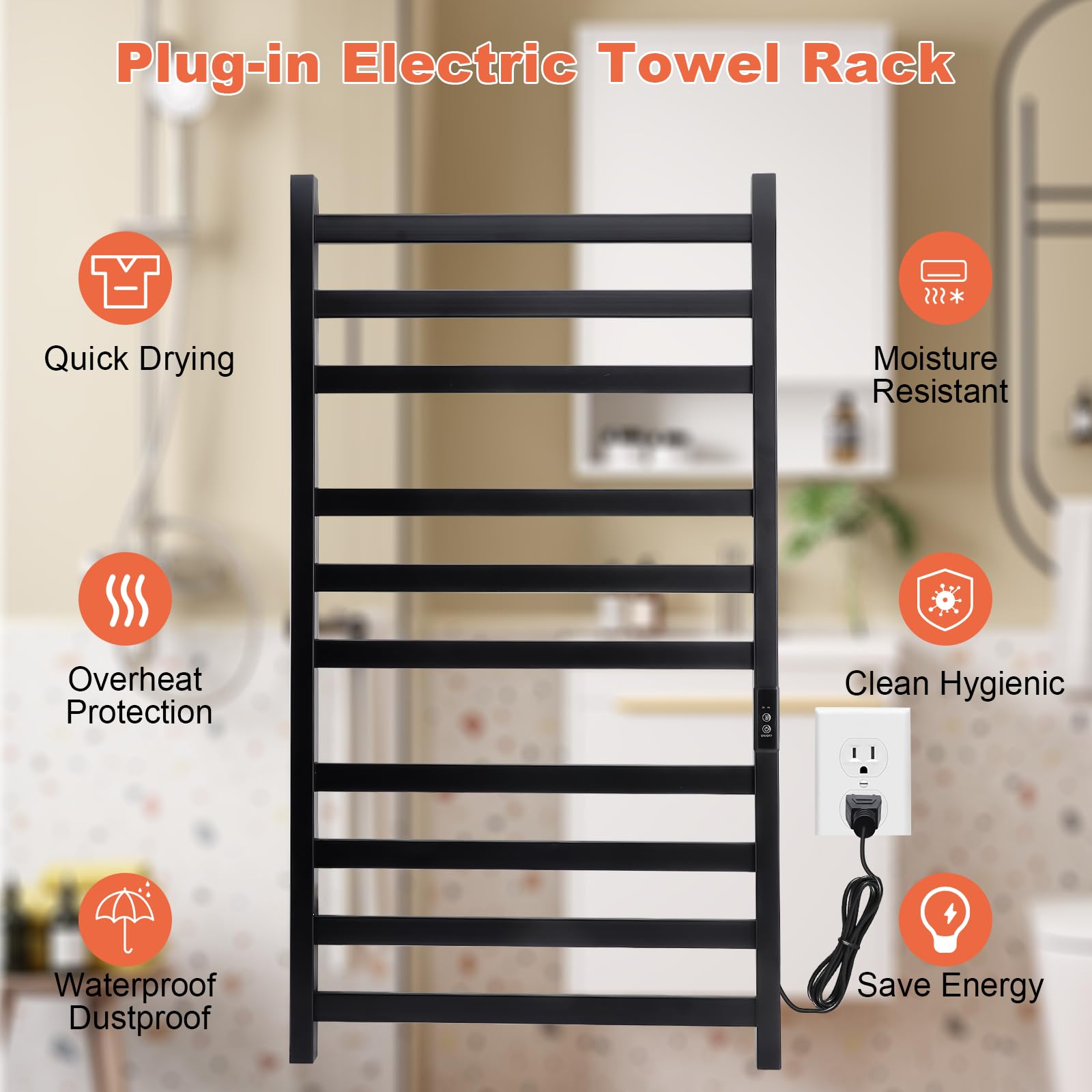Heated Towel Rack Electric - 10 Bar Wall Mounted Bathroom Towel Warmer, Matte Black, Plug-in - Perfect for Spa, Luxury Hotels & Cozy Home Bathrooms