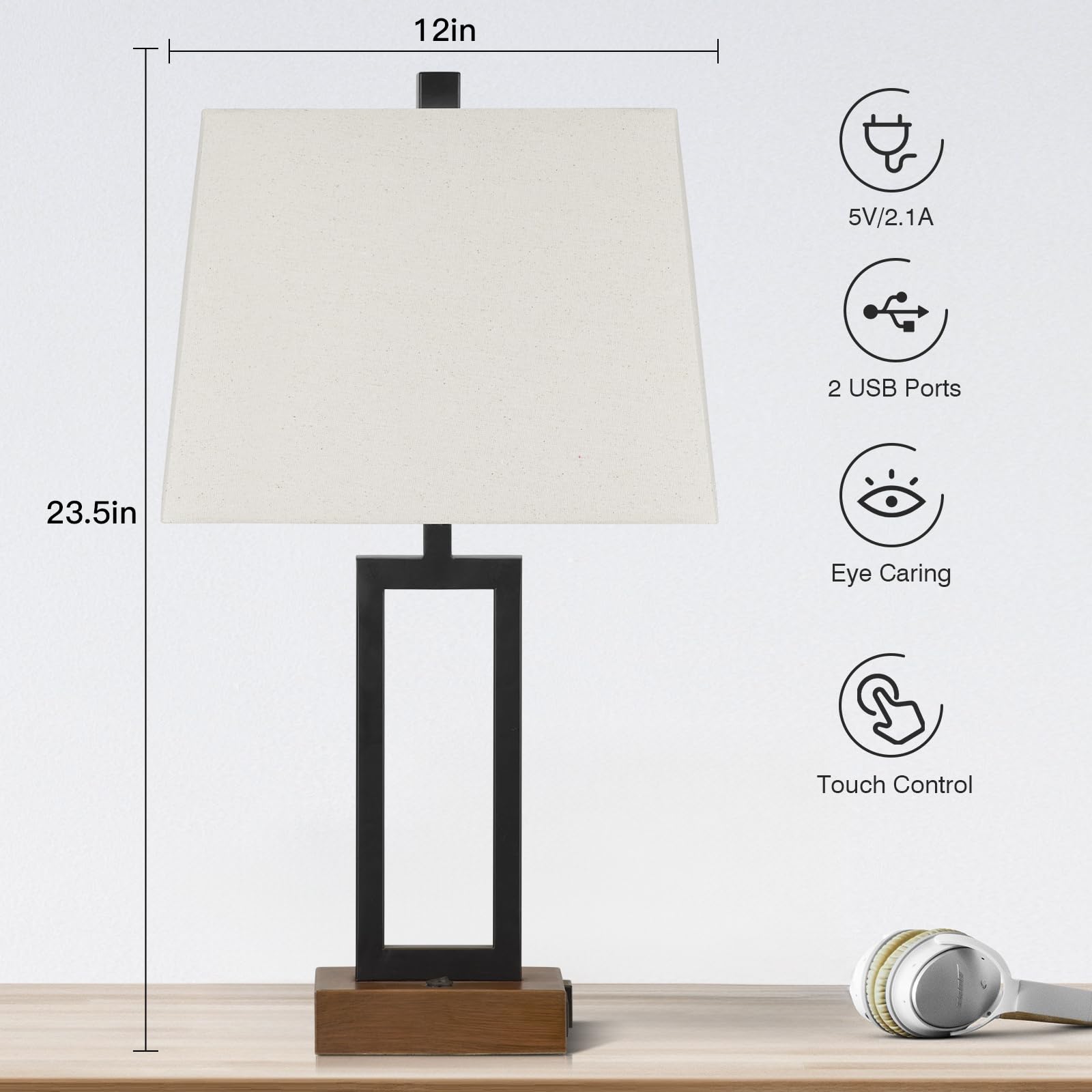 Modern Wood Nightstand Lamp Set of 2 with USB Ports & AC Outlet - 23.5