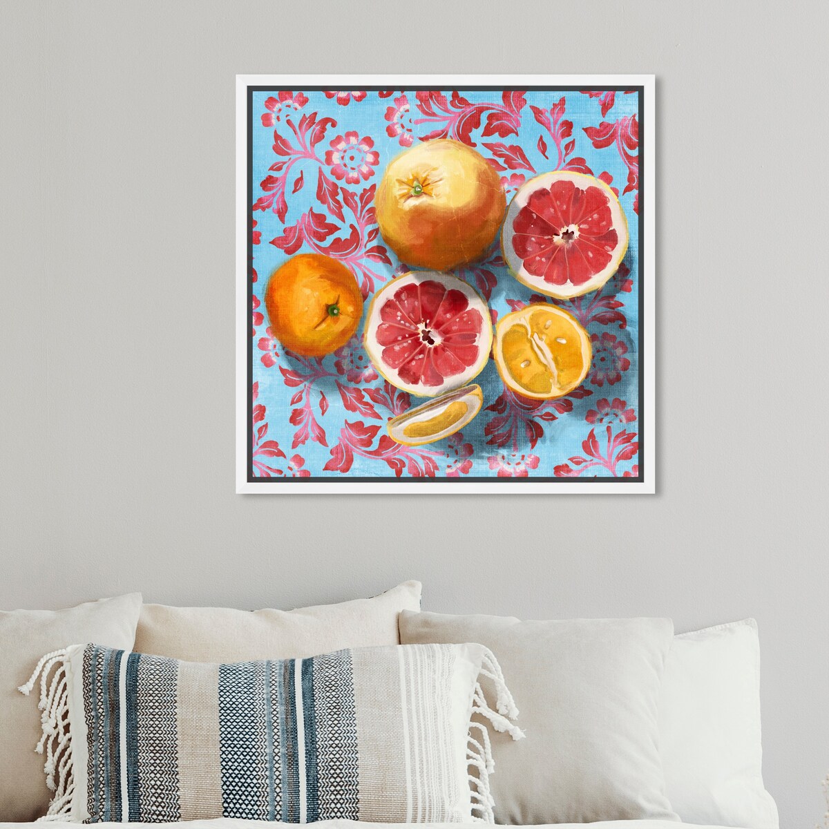 Tropical Citrus Still Life Blue Framed Canvas Wall Art Print - Sour Fruit Kitchen Decor for Cabin & Lodge - Perfect for Farmhouse, Dining Room & Country Style Homes