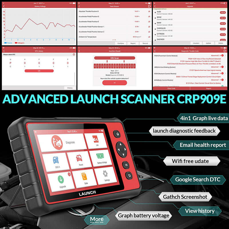 LAUNCH CRP909E All Systems OBD2 Scanner with 28 Reset Functions - Professional Car Diagnostic Tool for Engine, ABS, SRS & More | Perfect for Mechanics & DIY Auto Repair