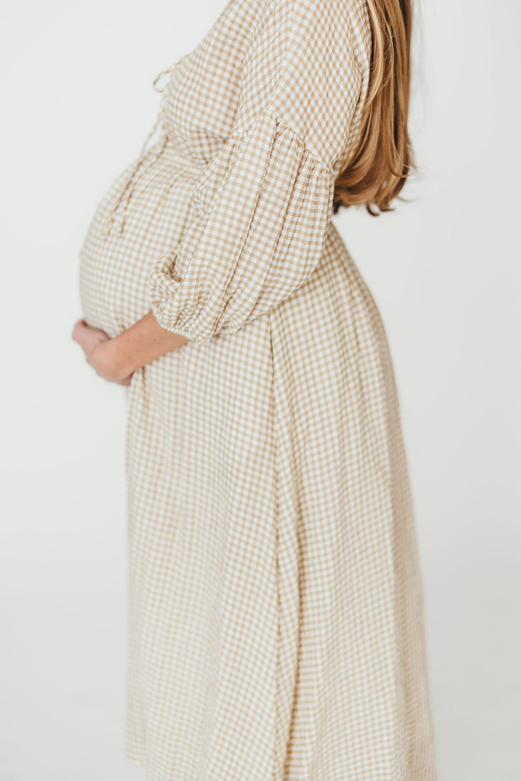 Hunter Printed Gauze Midi Dress in Natural Plaid - Bump Friendly Maternity Dress for Summer, Beach & Casual Wear