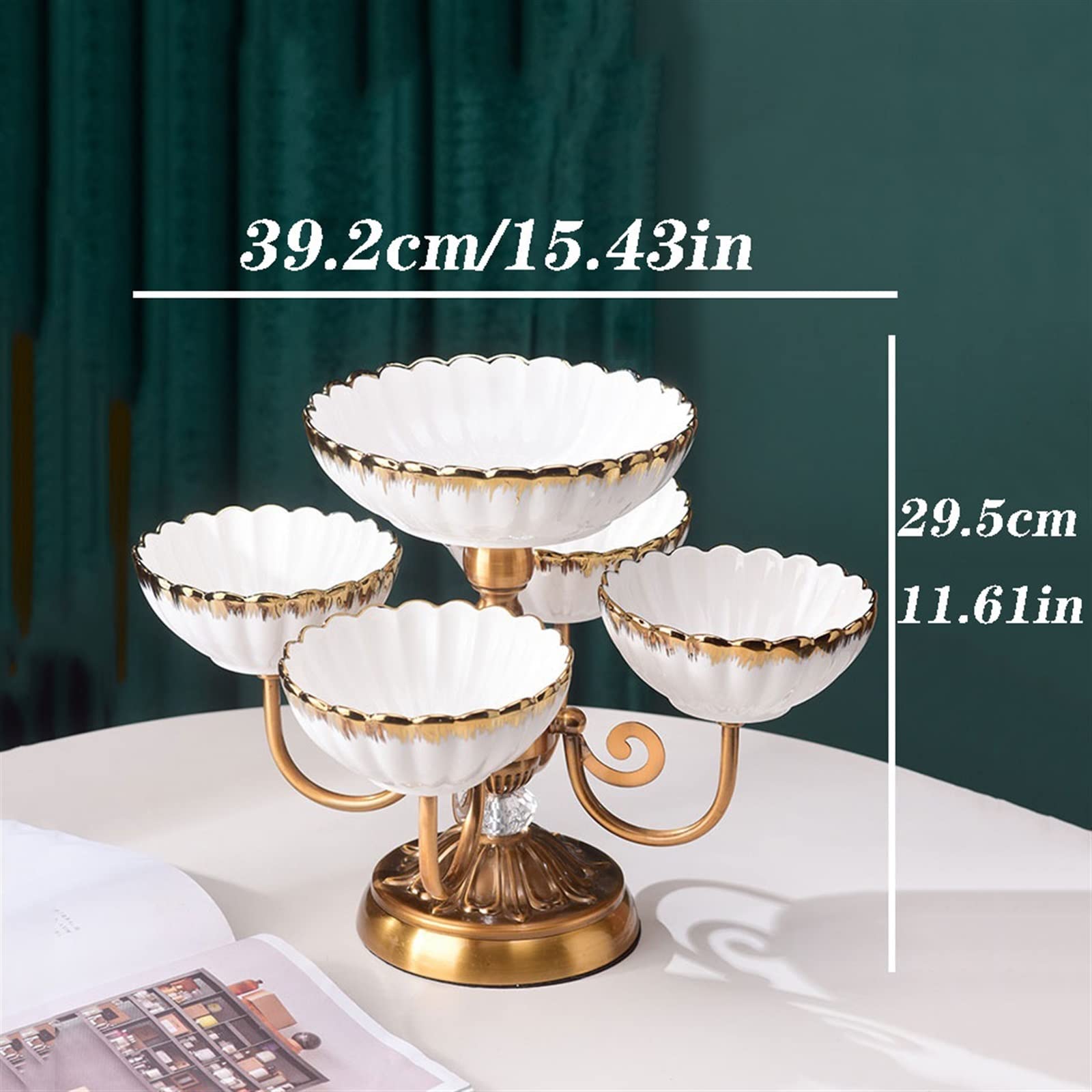 TOMYEUS Elegant Ceramic & Metal Multi-Layer Rotating Fruit Bowl - Large Capacity Snack Tray with Compartments for Fruits, Nuts, Candy Storage (Green) - Perfect for Kitchen Counter, Dining Table & Party Serving
