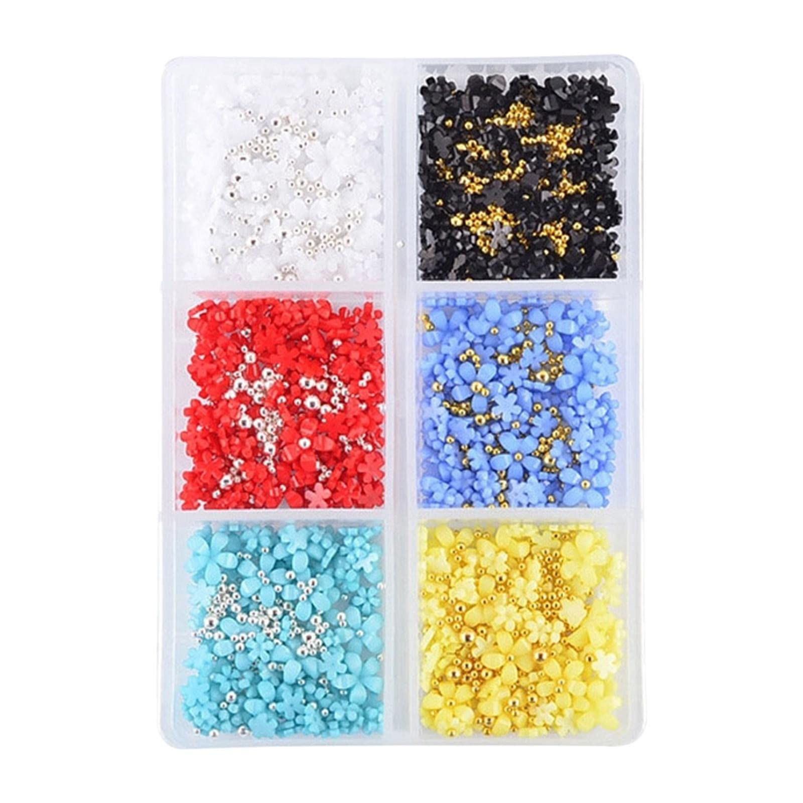 3D Crystal Flower Nail Charms for Acrylic Nails - 6 Grid Rhinestone Nail Decor in White, Pink, Blue & Cherry Colors with Pearls - DIY Manicure Supplies for Wedding, Party & Special Occasion Nail Art
