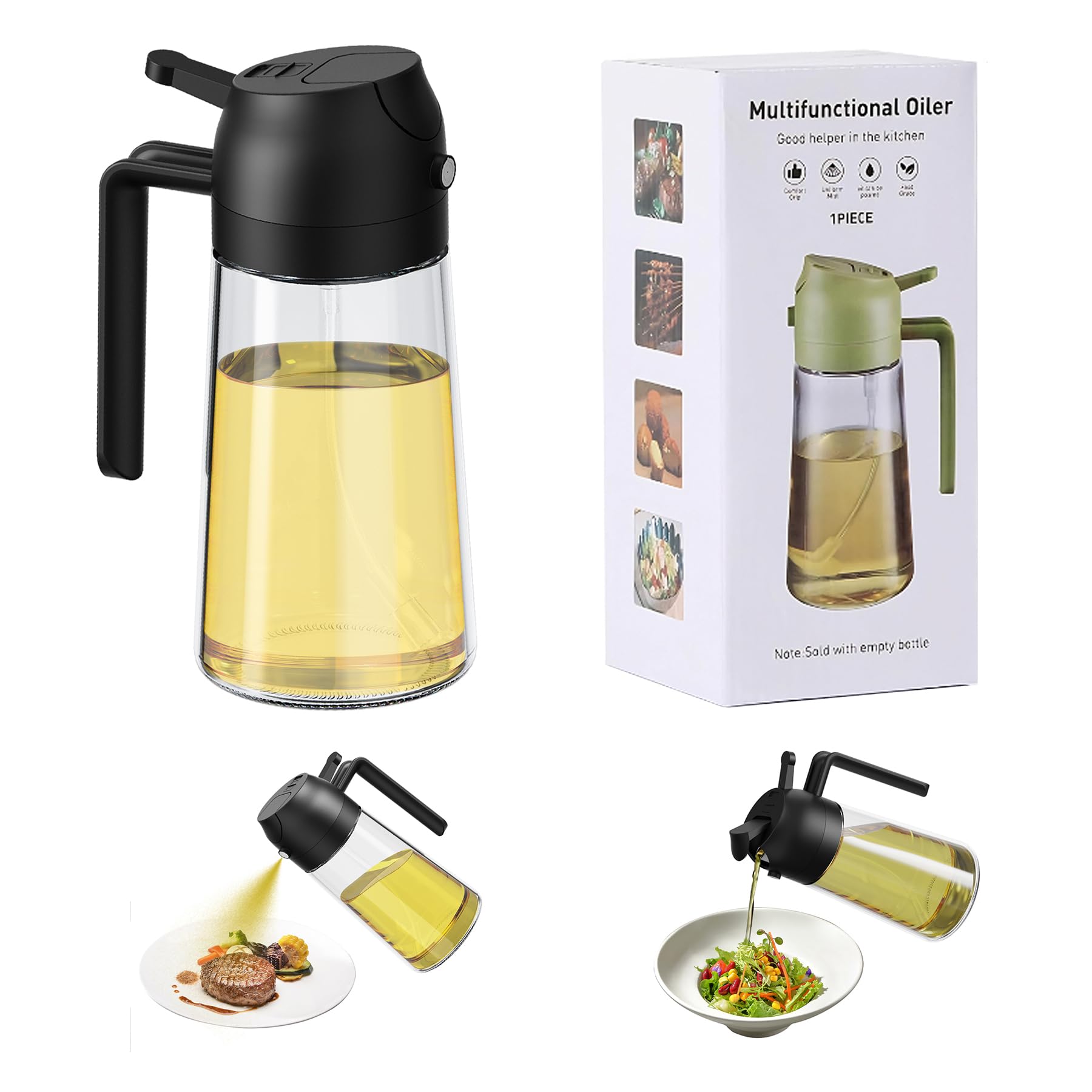 16oz/470ml Oil Sprayer & Dispenser Bottle - 2 in 1 Kitchen Tool for Olive Oil, Cooking Spray, Salad Dressing & BBQ - Perfect for Baking, Grilling & Healthy Cooking (Black)