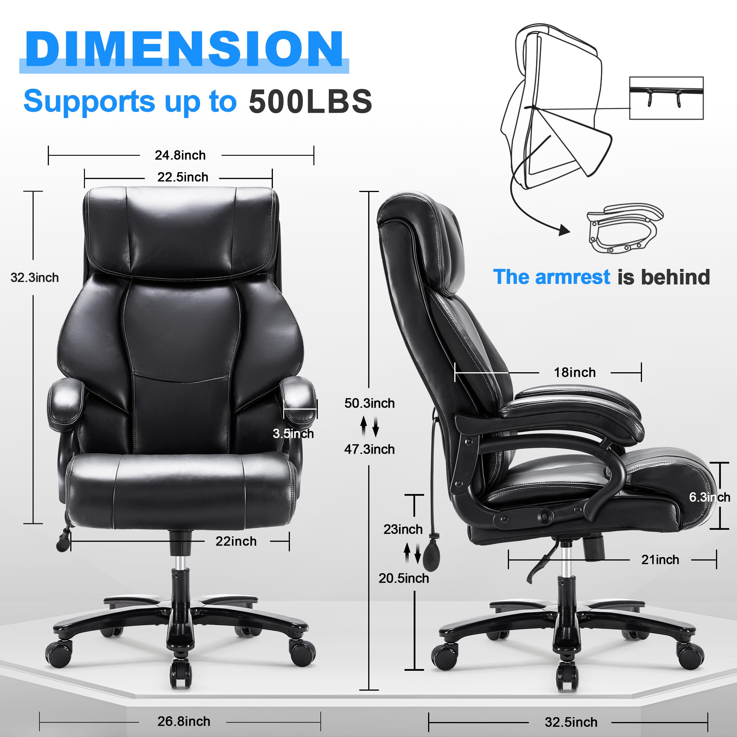 Big and Tall Office Chair 500LBS - Heavy Duty Executive Ergonomic Chair for Large People - Breathable Leather Desk Chair with Lumbar Support for Back Pain Relief - Perfect for Long Hours Work & Home Office (Black)