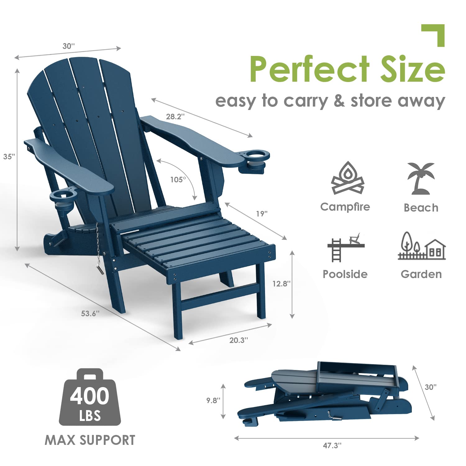 Premium Folding Adirondack Chair with Ottoman & Retractable Footrest - All-Weather HDPE Plastic Outdoor Lounge Chair - Blue Fire Pit Chair with Cup Holders - Perfect for Poolside, Patio, Garden & Backyard Relaxation