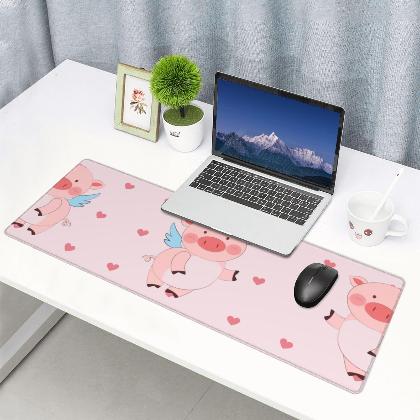 NALoRa Cartoon Flying Pig Printed Large Gaming Mouse Pad - Soft Desk Mat with Non-Slip Rubber Base (12x31.5 Inches) for Office, Home & Gaming | Premium Woven Fabric Mousepad for Computer, Laptop & Workstation