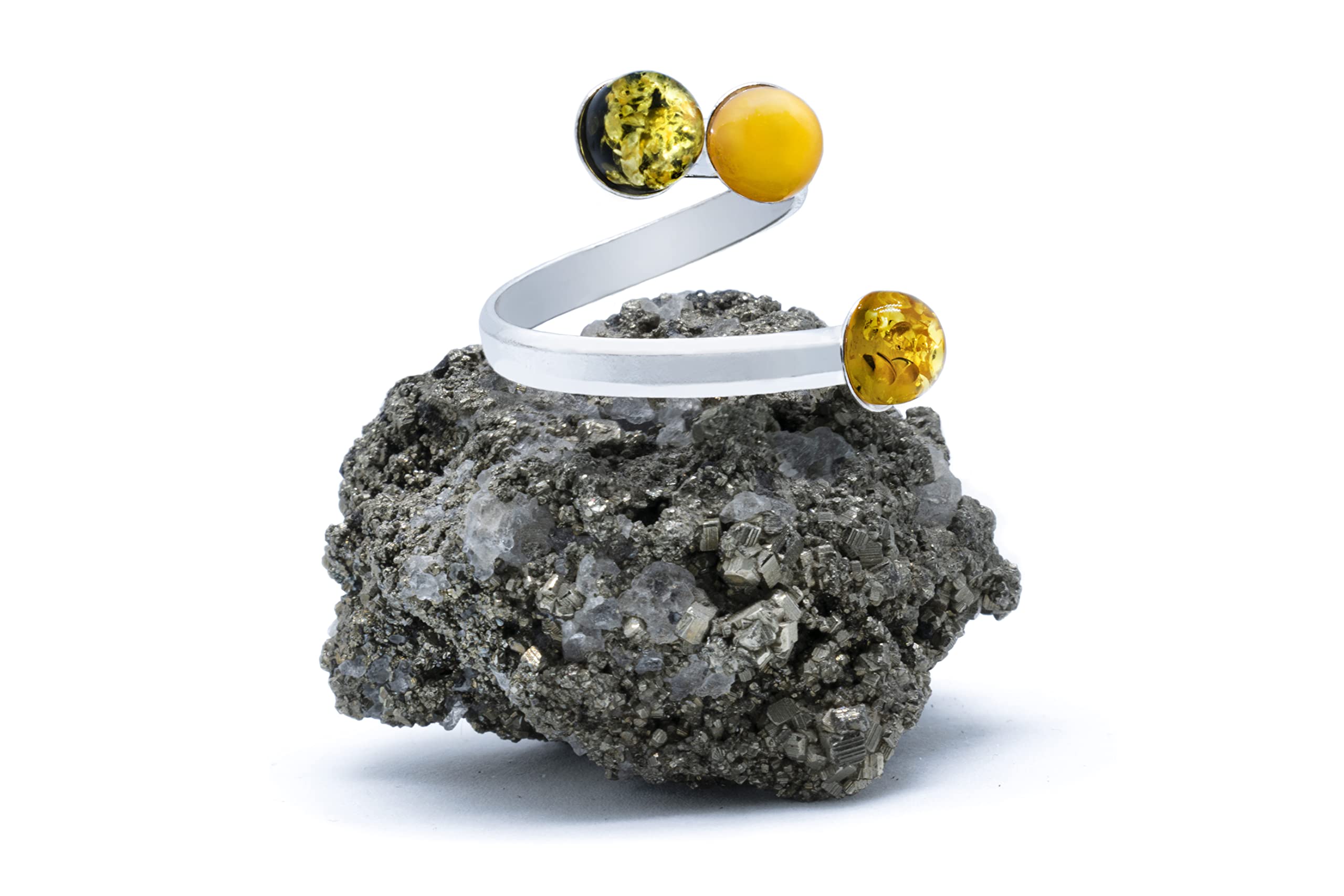 925 Sterling Silver Adjustable Trilogy Ring with Natural Yellow, Green & Raw Amber Stones (6mm x 3) - Unisex Sizes XS to XXXL - Free Gift Box Included - Perfect for Weddings, Anniversaries & Everyday Boho Fashion