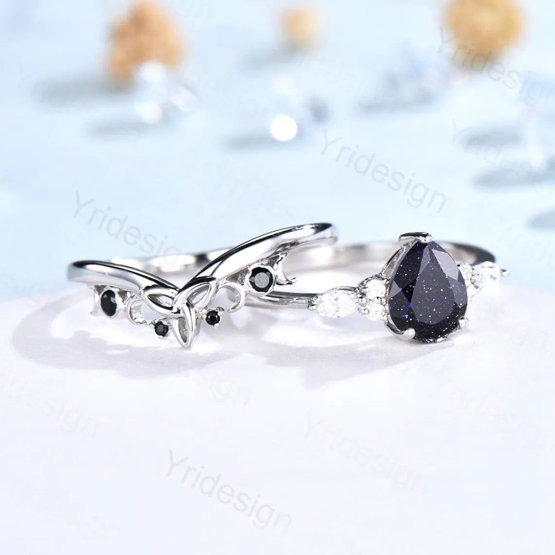 1.25CT Teardrop Star Blue Sandstone & Moissanite Viking Ring Set - 7 Stone Cluster Galaxy Engagement Wedding Band for Women - Perfect for Norse-Themed Occasions, Stackable Rings for Everyday Wear