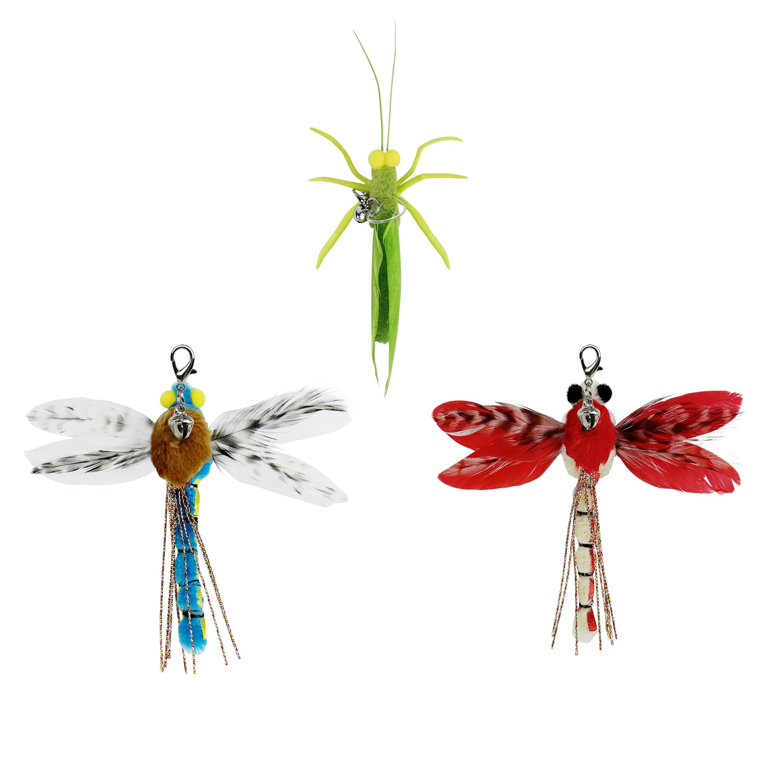 3 Pack Cat Feather Toys - Realistic Insect Simulation (Dragonfly & Grasshopper) Refill Feathers for Cat Wand Toys - Interactive Play for Kittens & Adult Cats - Perfect for Indoor Exercise & Bonding