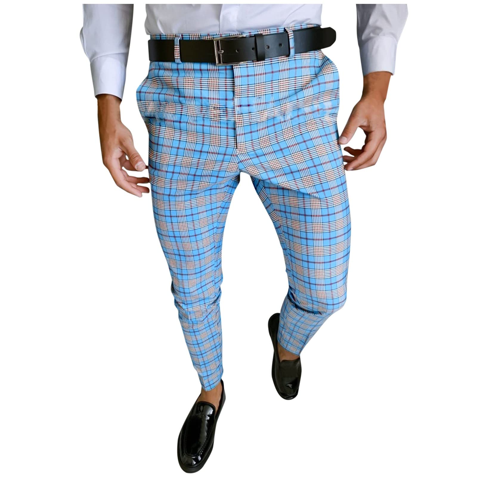 Men's Slim Fit Stretch Plaid Pencil Pants - Business Casual Chinos Trousers with Tapered Ankle - Light Blue Checkered Dress Pants for Office Work & Smart Casual Outfits