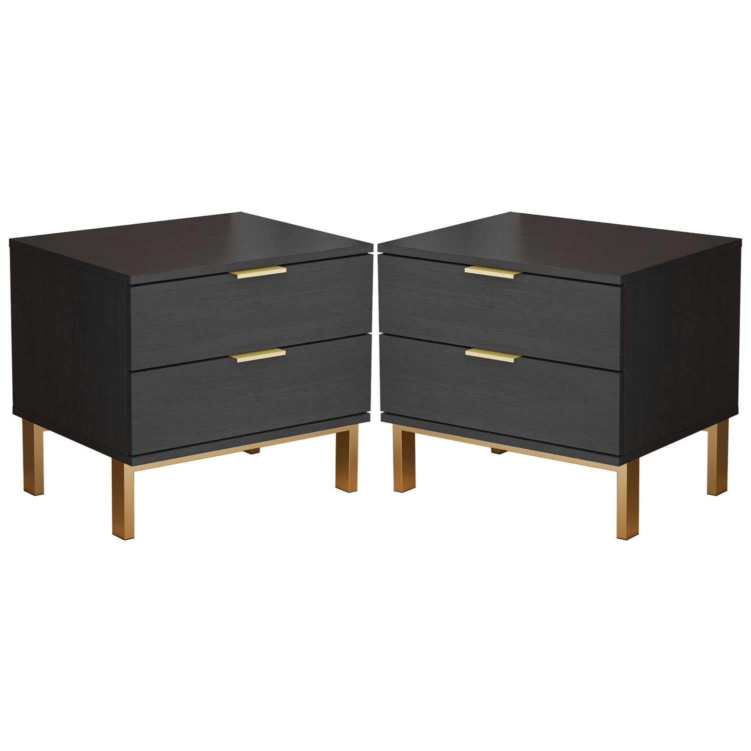 Modern Black Nightstands Set of 2 - Bedside Tables with 2 Drawers & Gold Metal Legs for Bedroom (19.7”L x 15.7”W x 17.9”H) - Perfect for Small Spaces, Guest Rooms & Apartment Decor