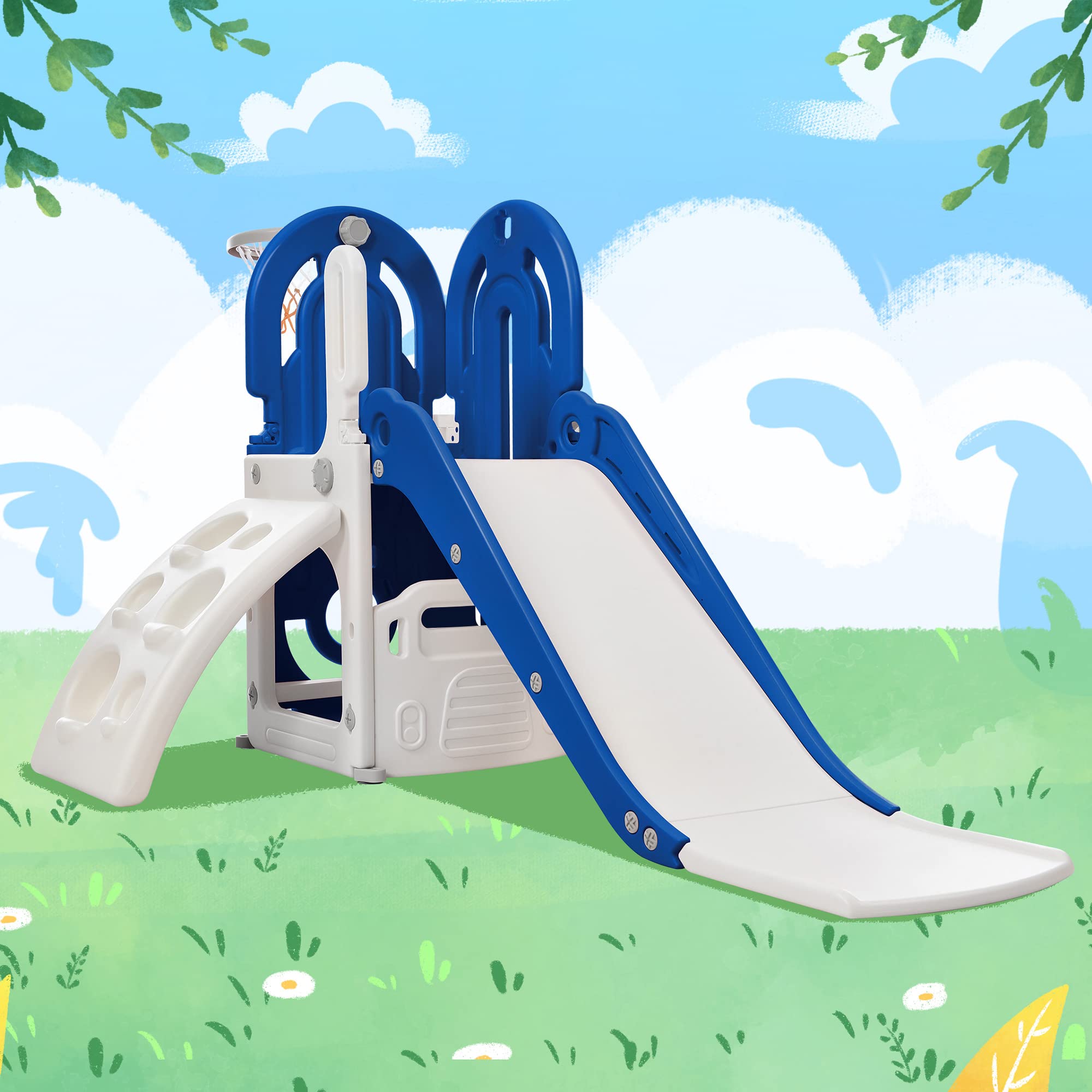 4-in-1 Toddler Slide & Climber Playset with Basketball Hoop - Indoor/Outdoor Plastic Slide for Kids Ages 1-5 | Freestanding Baby Playground Equipment for Backyard, Nursery & Daycare (Blue)
