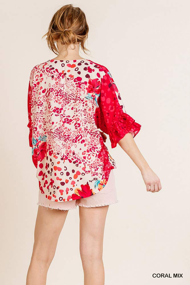 Umgee Women's Floral & Animal Print Crossbody Top - Stylish Boho Blouse for Casual Outings, Date Nights & Summer Vacations