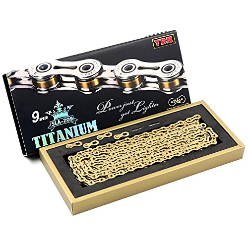 YBN SLA209 9-Speed Bicycle Chain - World's Lightest Titanium Bike Chain (Gold) | Perfect for Road Bikes, Mountain Bikes & Performance Cycling