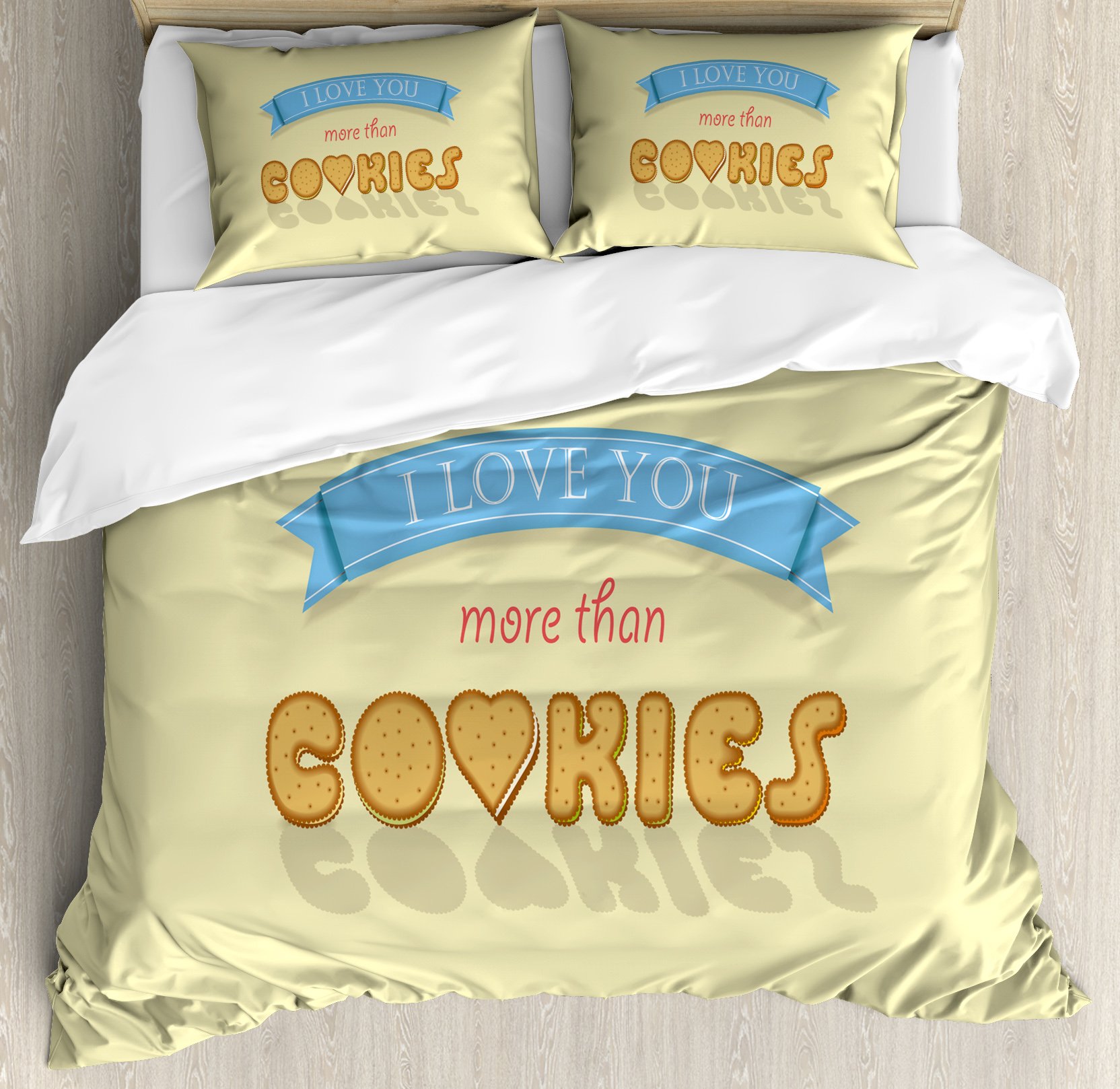 Ambesonne 'I Love You More' Duvet Cover Set - King Size 3-Piece Bedding with 2 Pillow Shams | Vanilla Cookie Heart Design in Multicolor | Perfect for Romantic Bedrooms, Couples Gift & Home Decor
