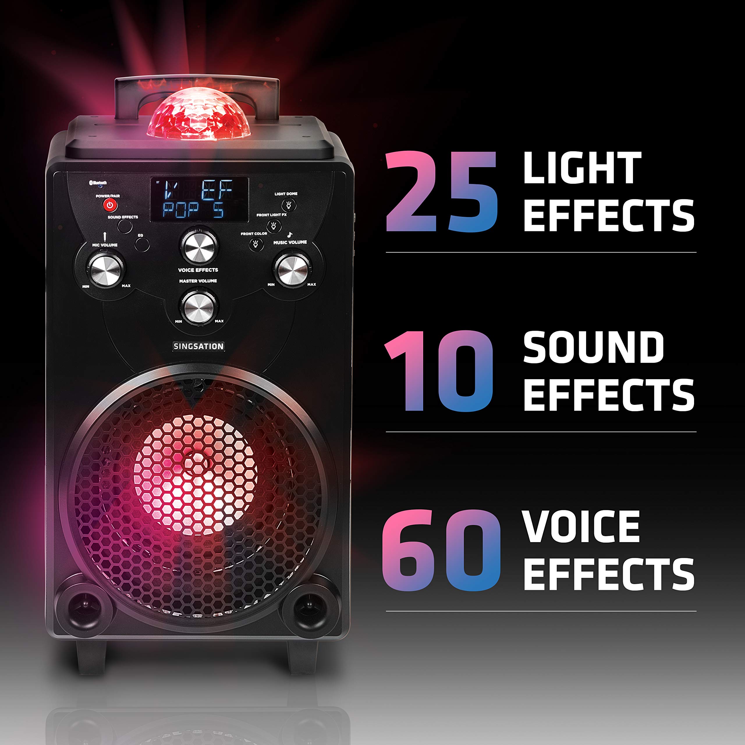Singsation Professional Karaoke Machine - Portable Bluetooth Karaoke System with 60 Voice Effects, 10 Sound Modes, 25 LED Light Show, 2 Wireless Mics (Black) - Perfect for Home Parties, Family Gatherings & Professional Performances