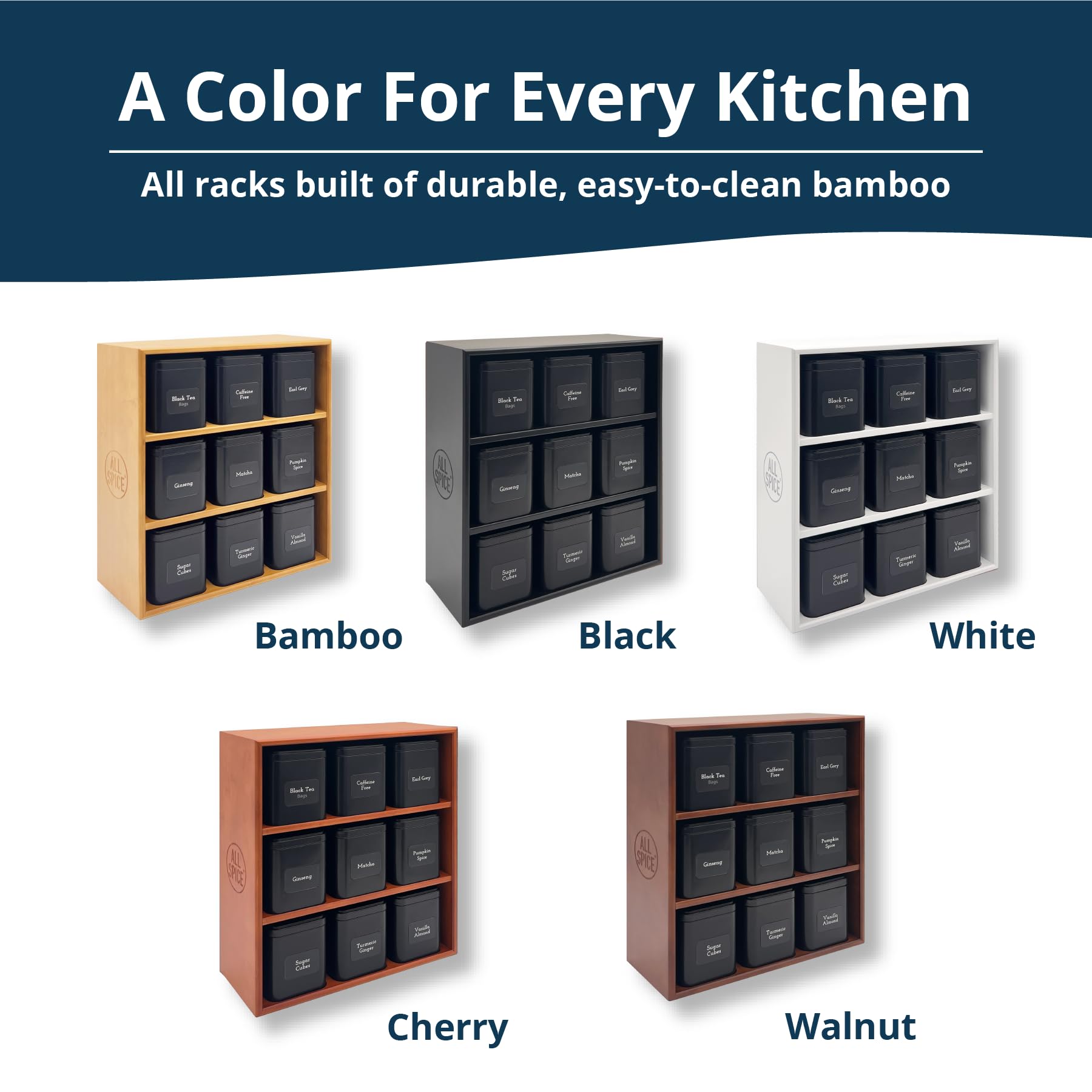 Premium AllSpice Tea Organizer Rack with 9 Airtight Tins & 160 Magnetic Labels - Perfect for Bagged & Loose Leaf Tea Storage - Black - Ideal for Kitchen Countertop & Pantry Organization