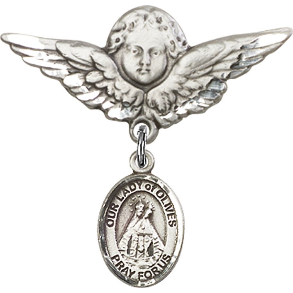 925 Sterling Silver Baby Badge with Our Lady of Olives Charm & Angel Wing Pin - 1.125 Inch Religious Jewelry for Baptism, Christening & First Communion Gifts