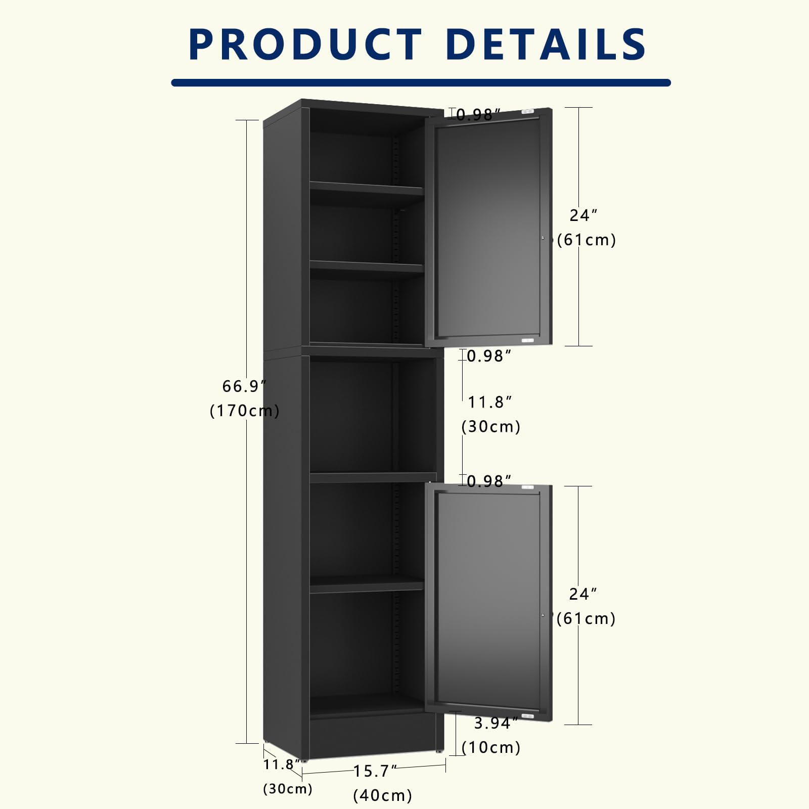 Black Tall Metal Storage Cabinet with 3 Adjustable Shelves & 2 Doors - Narrow Sideboard for Small Spaces - Perfect for Living Room, Home Office & Dining Room Organization