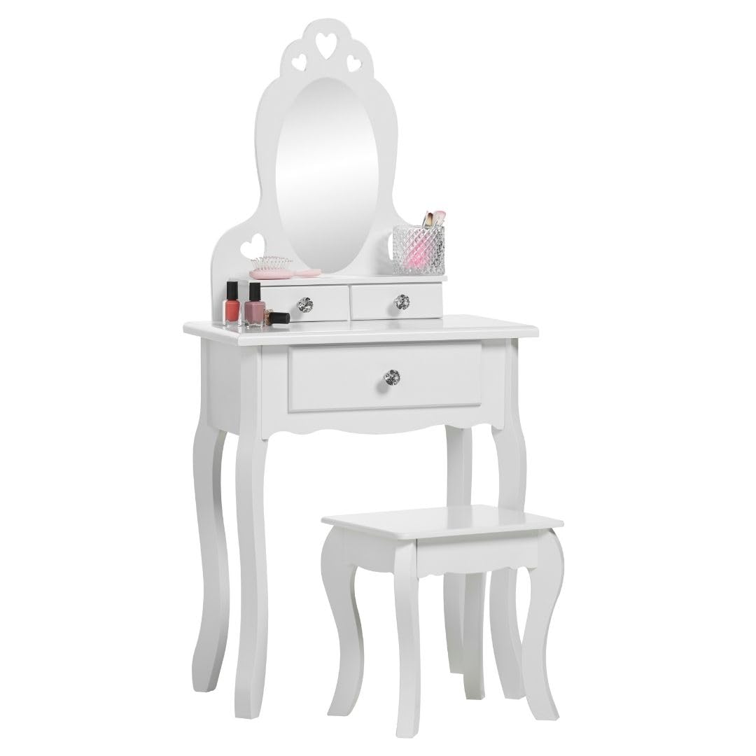 Girl's Wooden Makeup Vanity Set with Stool & Mirror - Kids Bedroom Furniture for 3-7 Years Old - Perfect Birthday Gift