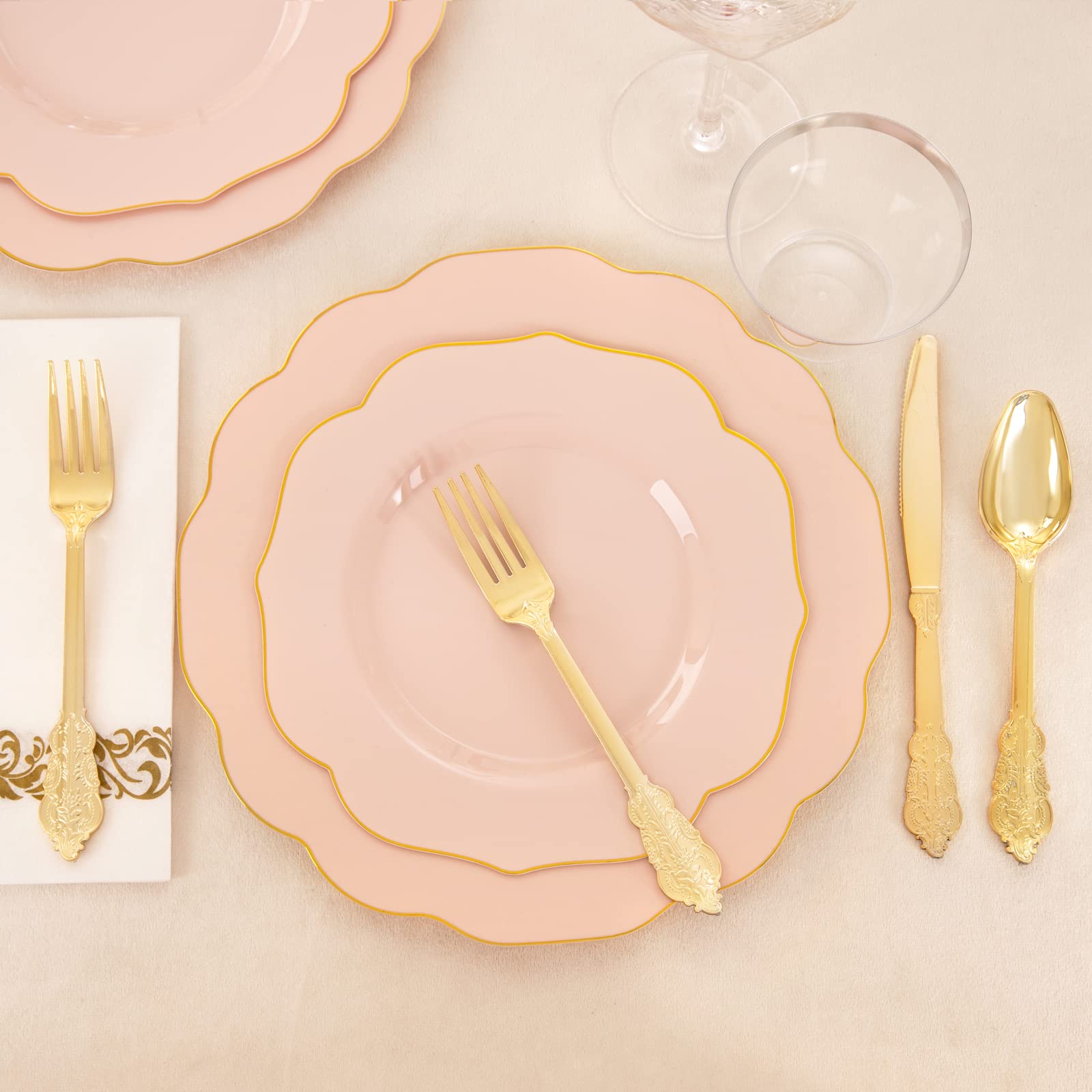NOCCUR 175-Piece Pink Plastic Party Tableware Set - 50 Disposable Plates, 25 Forks, 25 Knives, 25 Spoons, 25 Cups & 25 Napkins - Elegant Gold Trim - Perfect for Weddings, Baby Showers, Birthday Parties & Bridal Showers - Great for Indoor/Outdoor Events & Catering