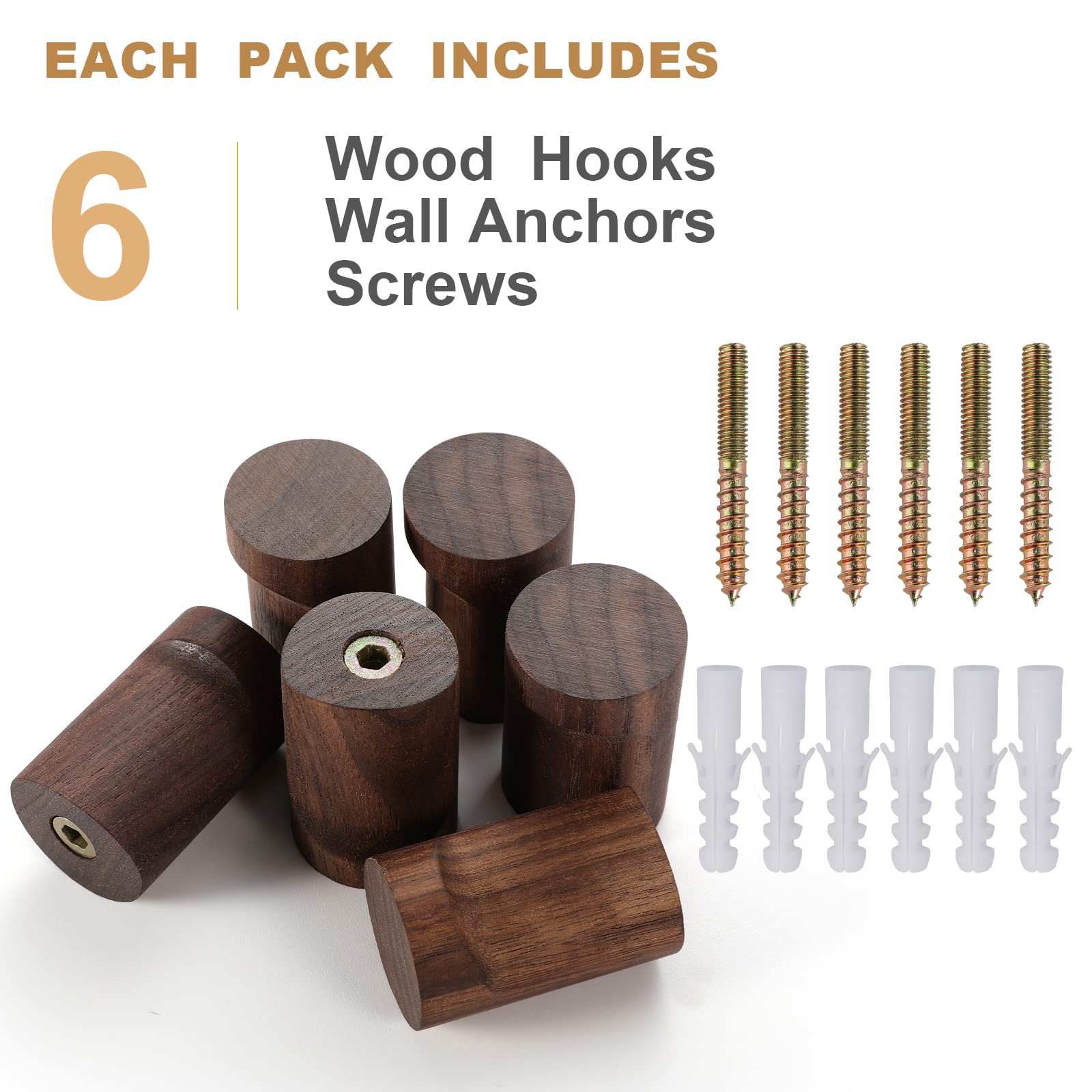 6 Pack Natural Black Walnut Wood Wall Hooks - Handmade Rustic Coat & Hat Hangers for Entryway, Bedroom, Bathroom - Heavy Duty Wall Mounted Hooks for Towels, Clothes, Bags, Robes & Home Decor